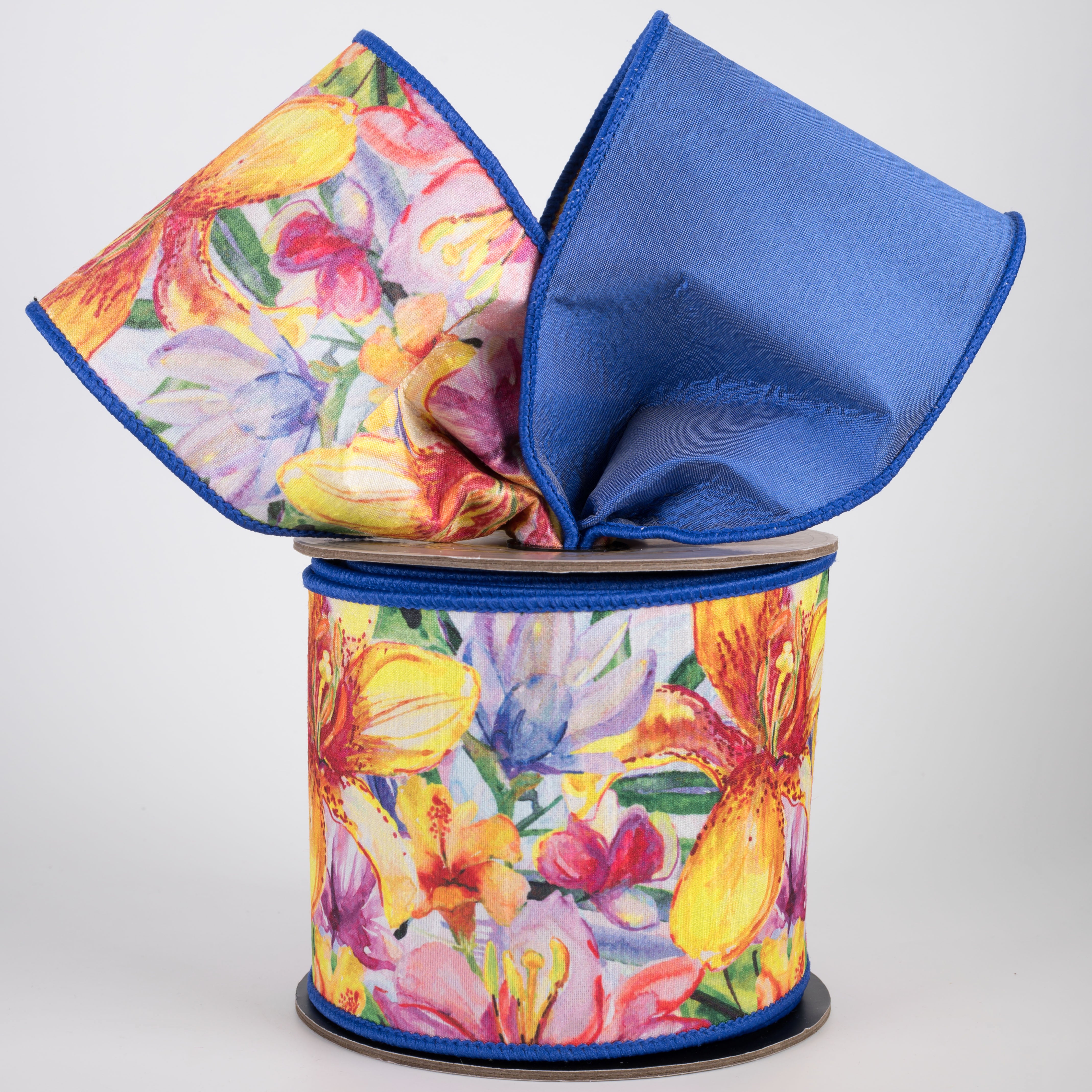 [D Stevens] 4" Watercolor Florals on Dupioni Ribbon: Royal Blue (10 Yards)