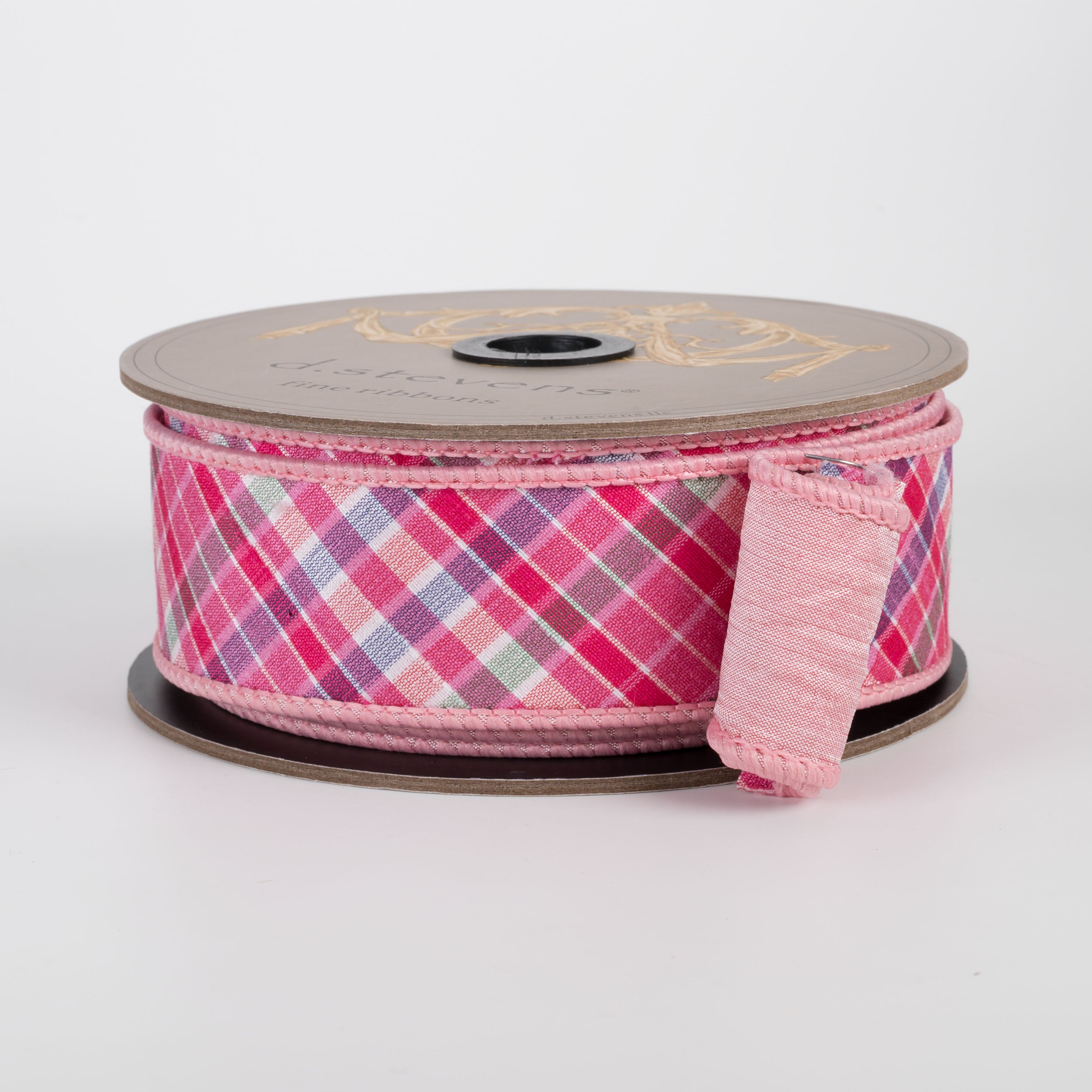 [D Stevens] 1.5" Dupioni Diagonal Camellia Plaid Ribbon: Pinks (10 Yards)