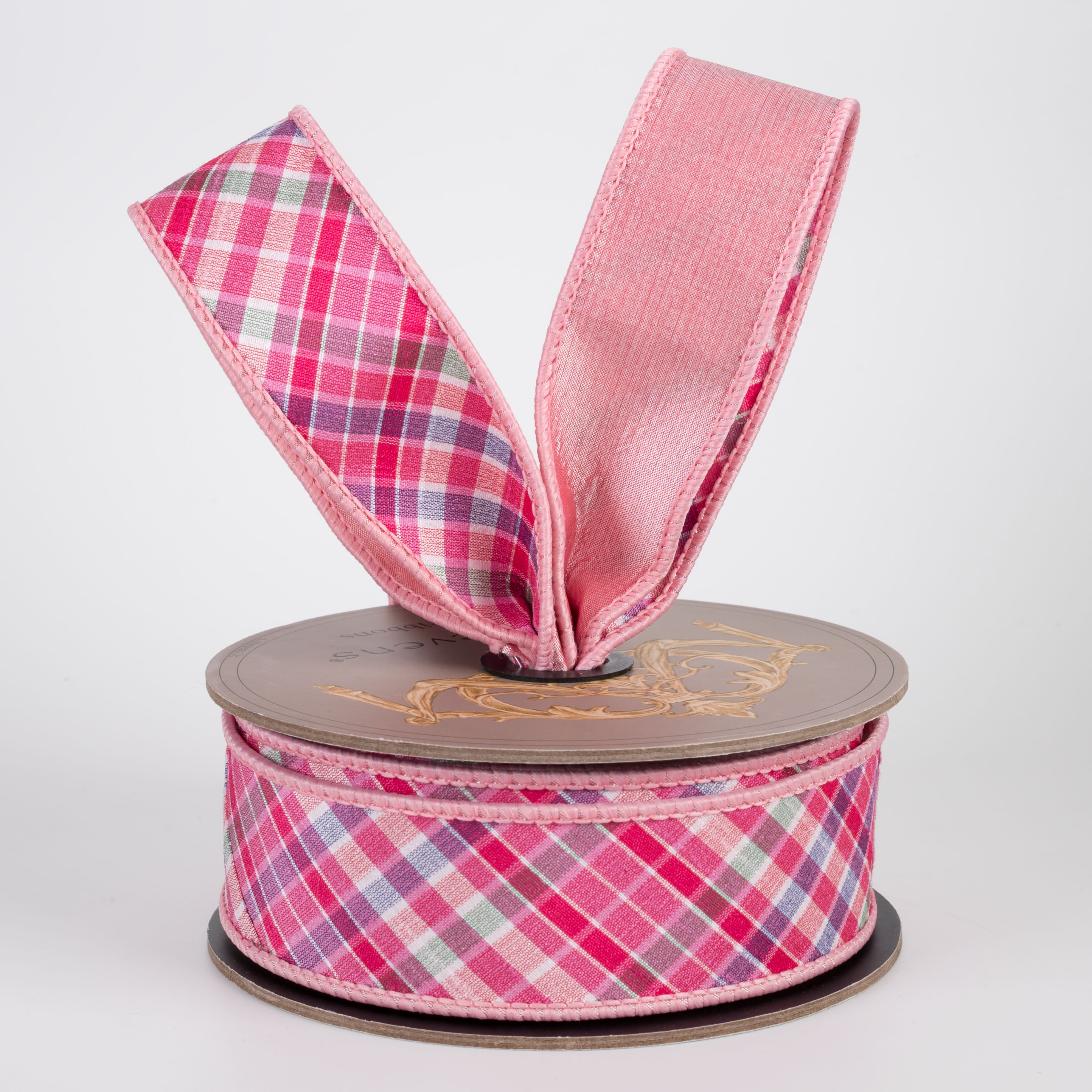 [D Stevens] 1.5" Dupioni Diagonal Camellia Plaid Ribbon: Pinks (10 Yards)