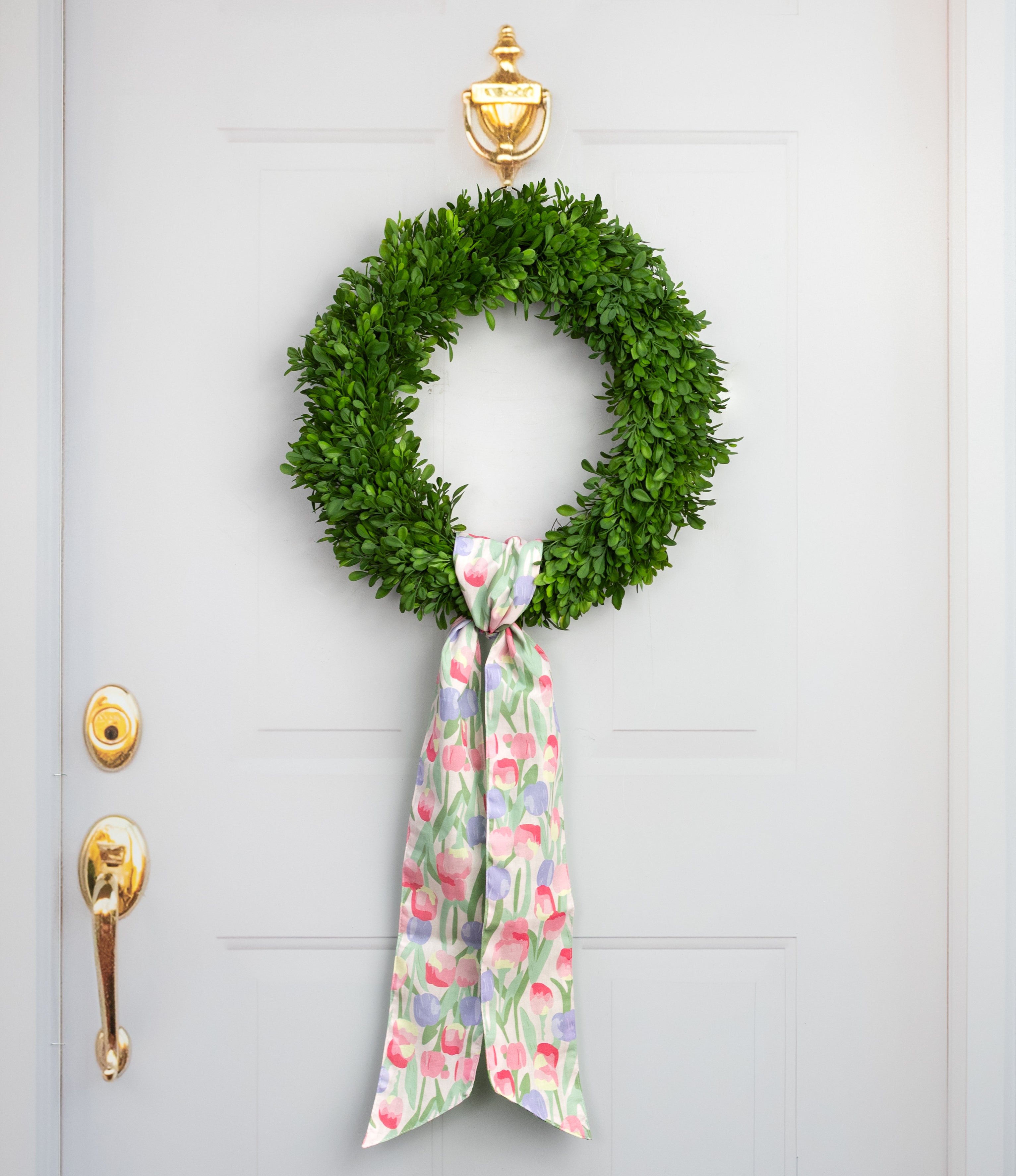 [D Stevens] 4" x 56" Poplin Wreath Sash: Watercolor Tulips & Green Check
