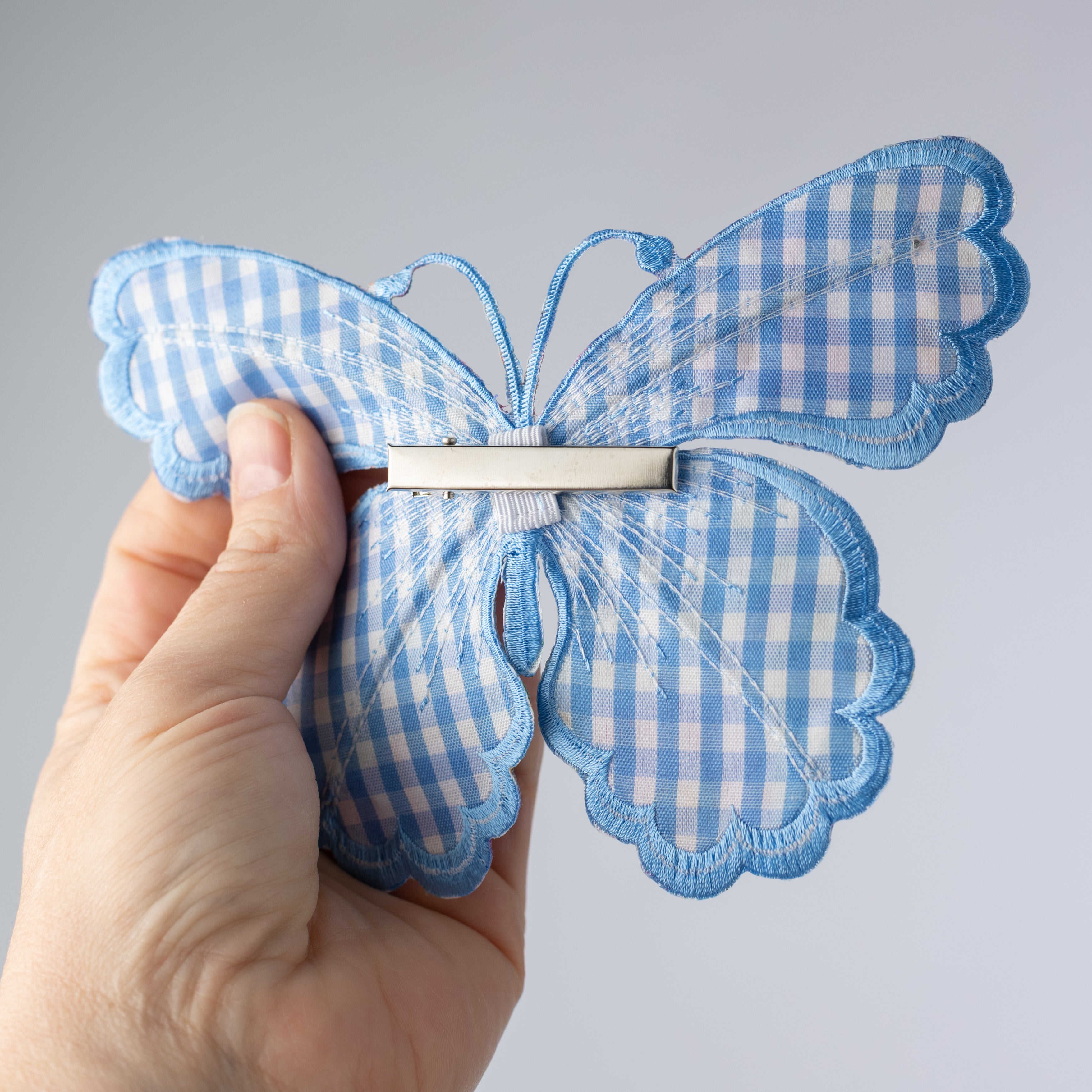[D Stevens] 6" Embroidered Satin Butterfly Clip: Watercolor Floral Blue
