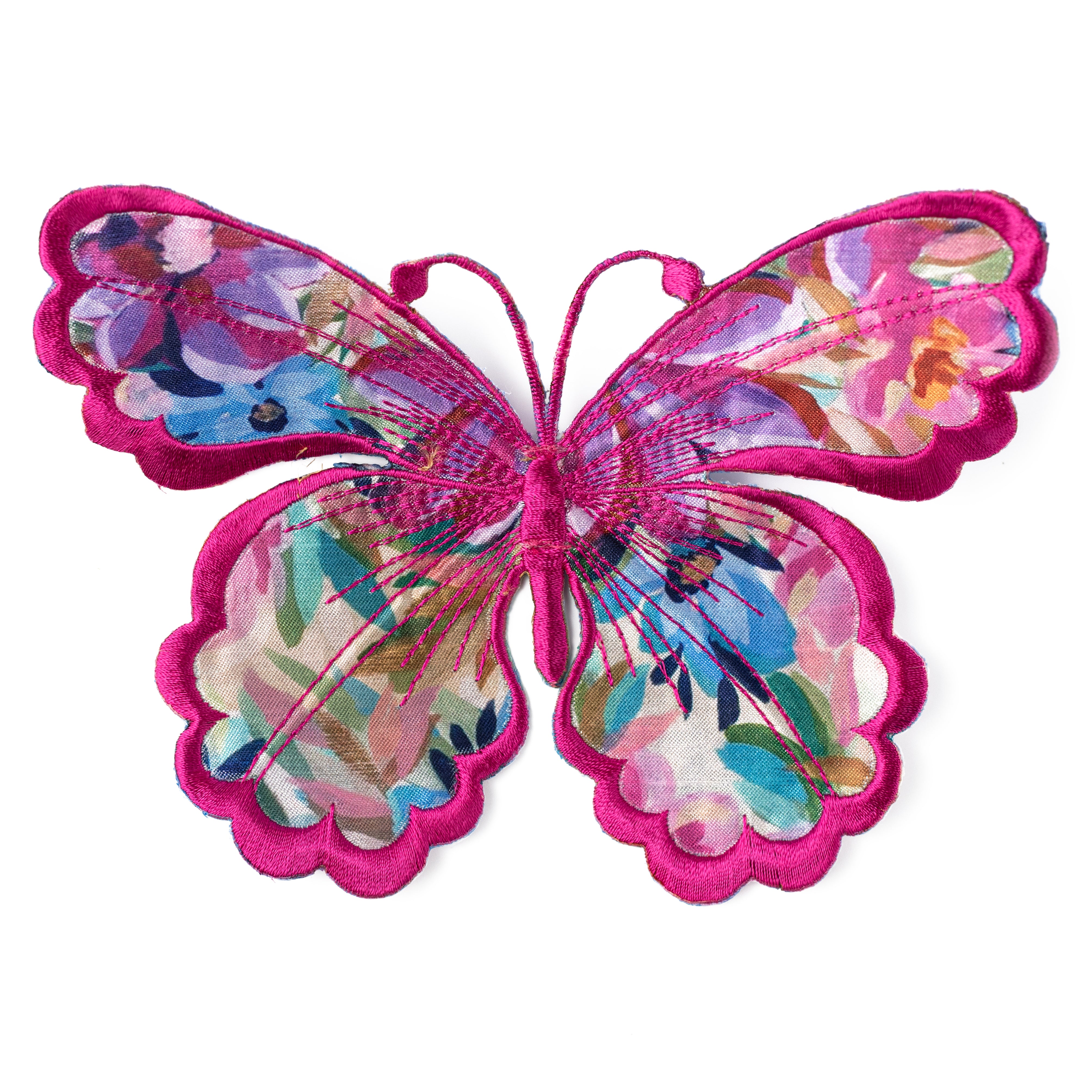 [D Stevens] 6" Embroidered Satin Butterfly Clip: Watercolor Floral Hot Pink