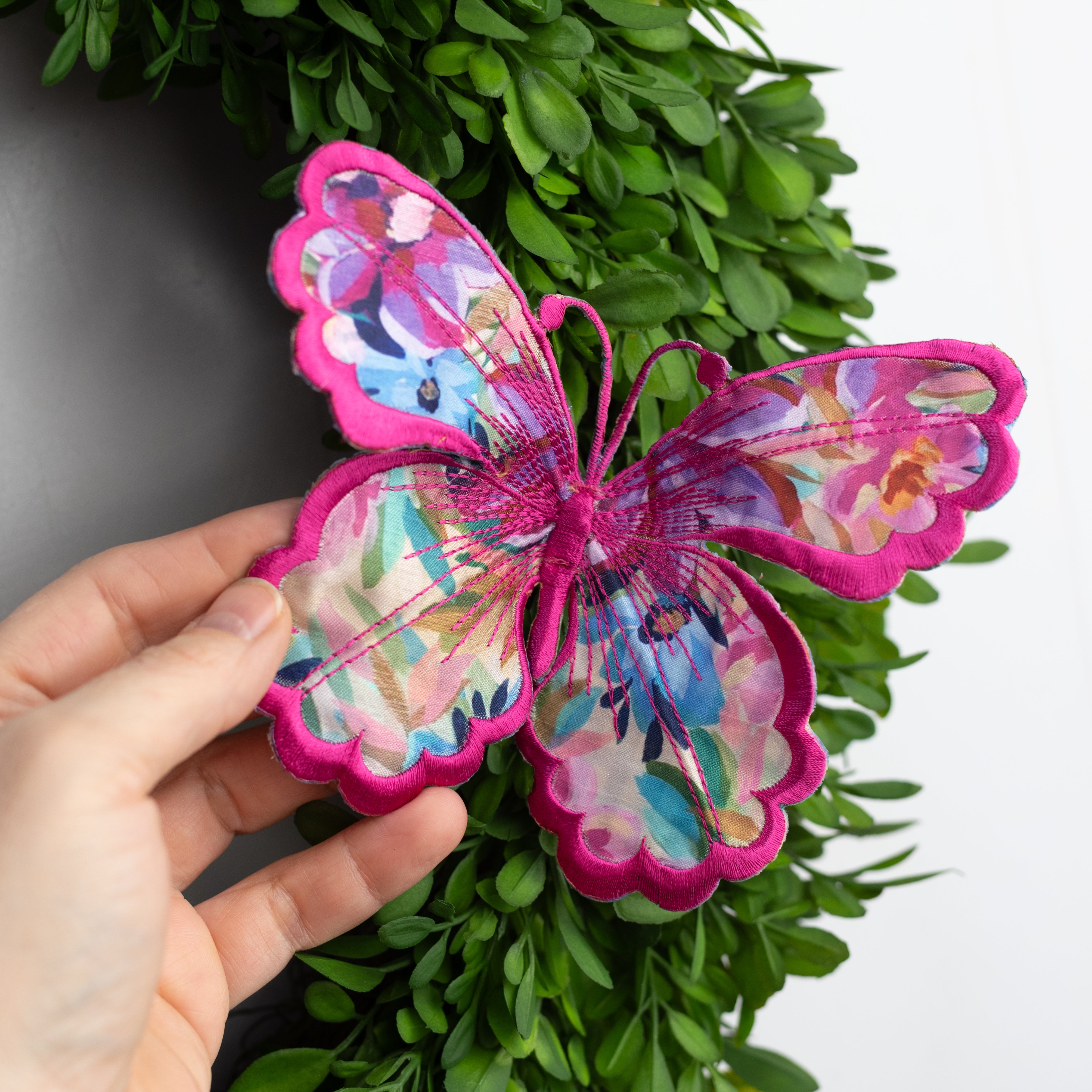 [D Stevens] 6" Embroidered Satin Butterfly Clip: Watercolor Floral Hot Pink