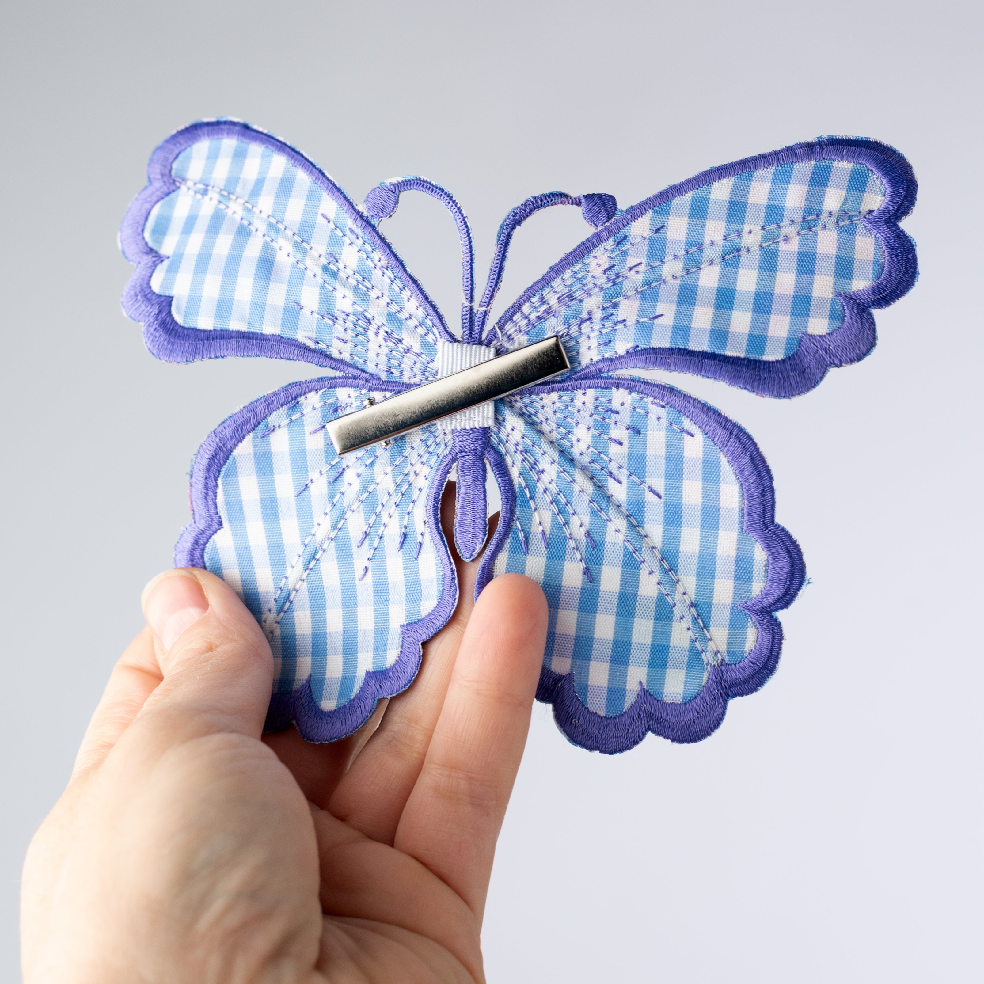 [D Stevens] 6" Embroidered Satin Butterfly Clip: Watercolor Floral Purple