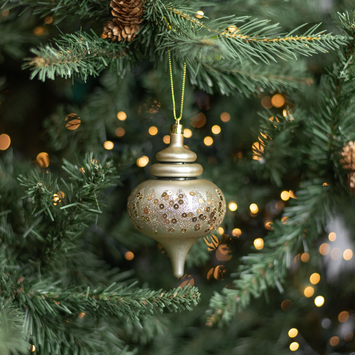 [IMPERFECT] 5" Glittered & Sequined Onion Shape Ornament: Champagne Gold Lifestyle Photo