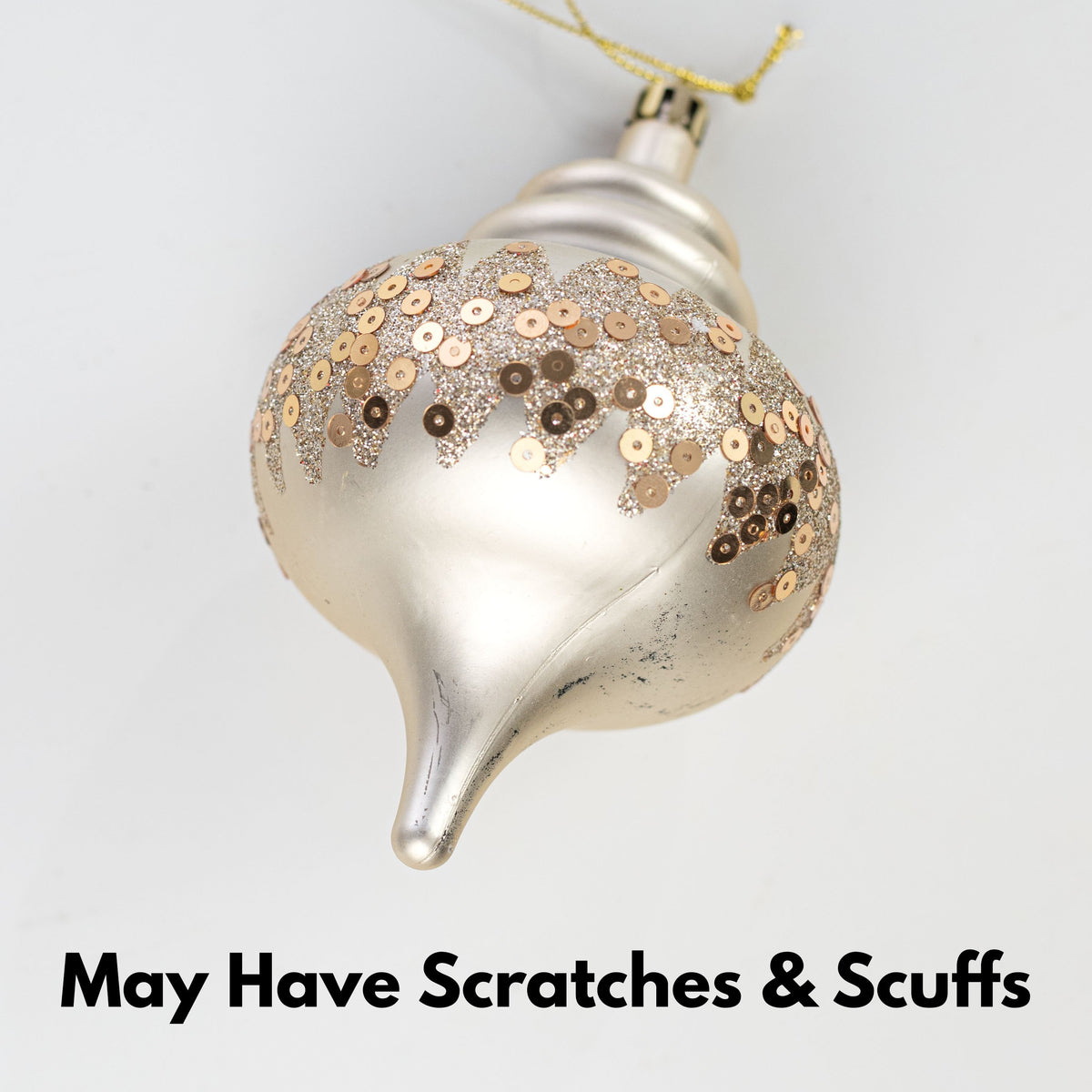 [IMPERFECT] 5" Glittered & Sequined Onion Shape Ornament: Champagne Gold detail photo 4