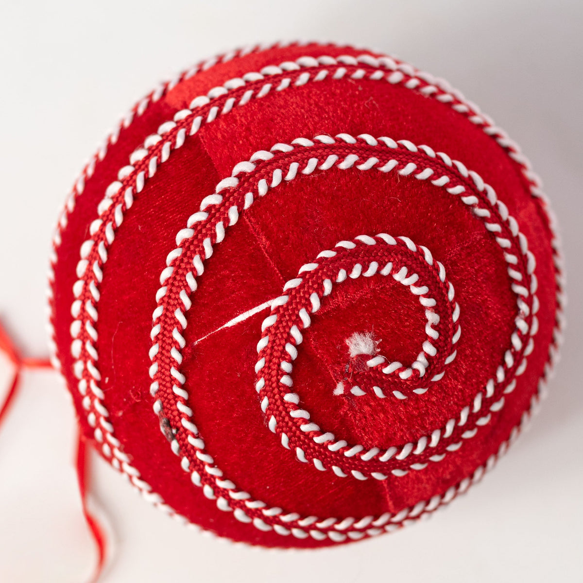 [IMPERFECT] 5" Velvet & Trim Stripe Ball Ornament: Red & White detail photo 6