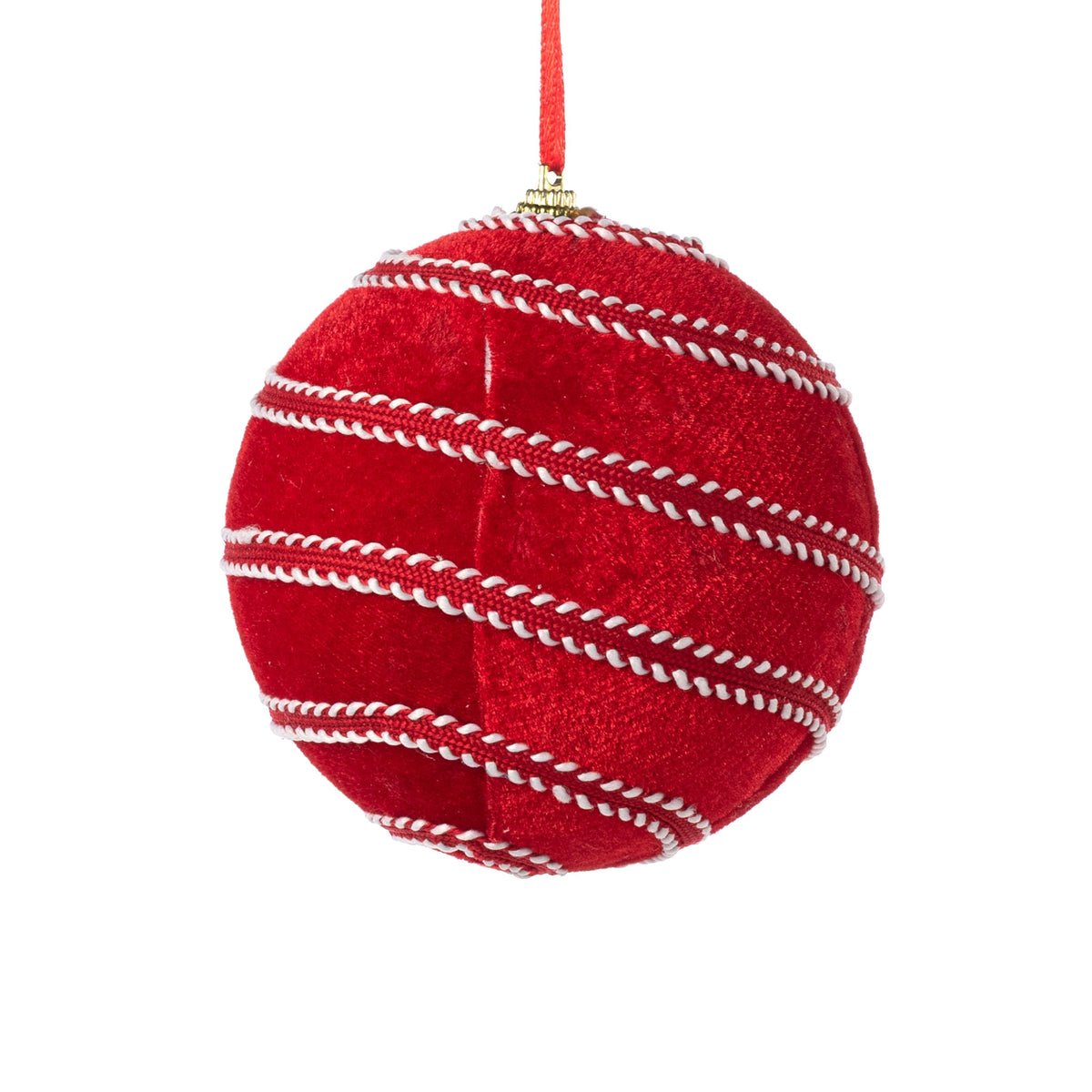 [IMPERFECT] 5" Velvet & Trim Stripe Ball Ornament: Red & White Item Number: 86723RDWT