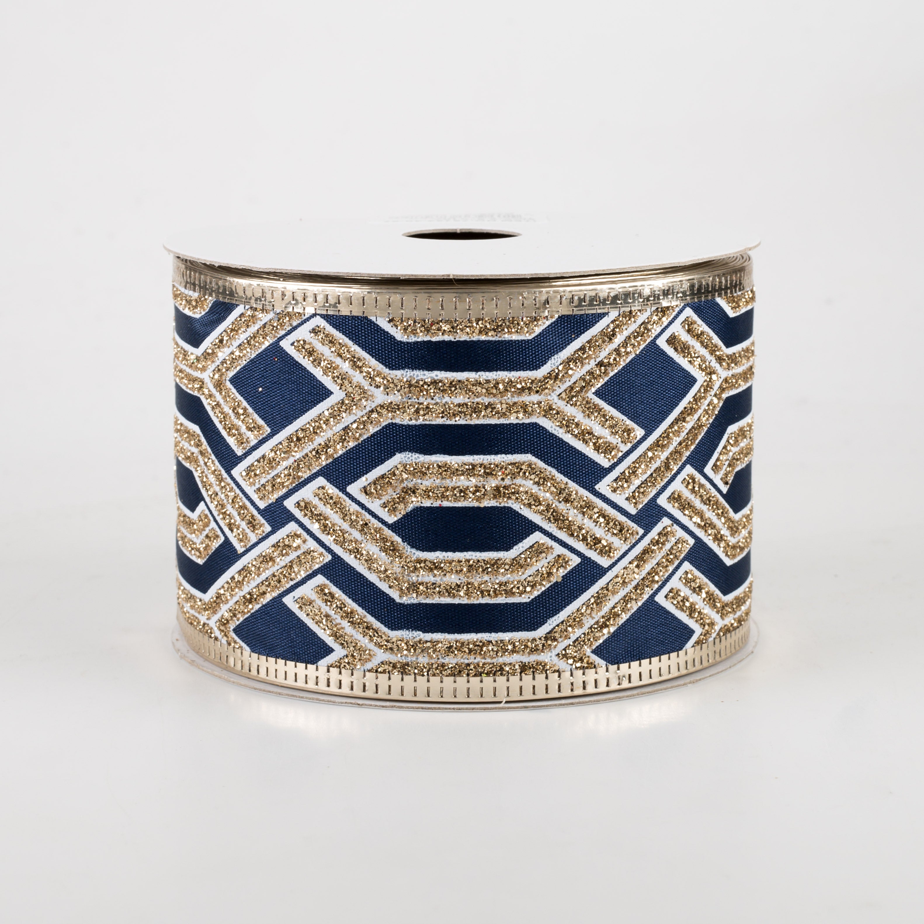 2.5" Interlock Geometric Glitter Satin Ribbon: Navy, White, Gold (10 Yards)
