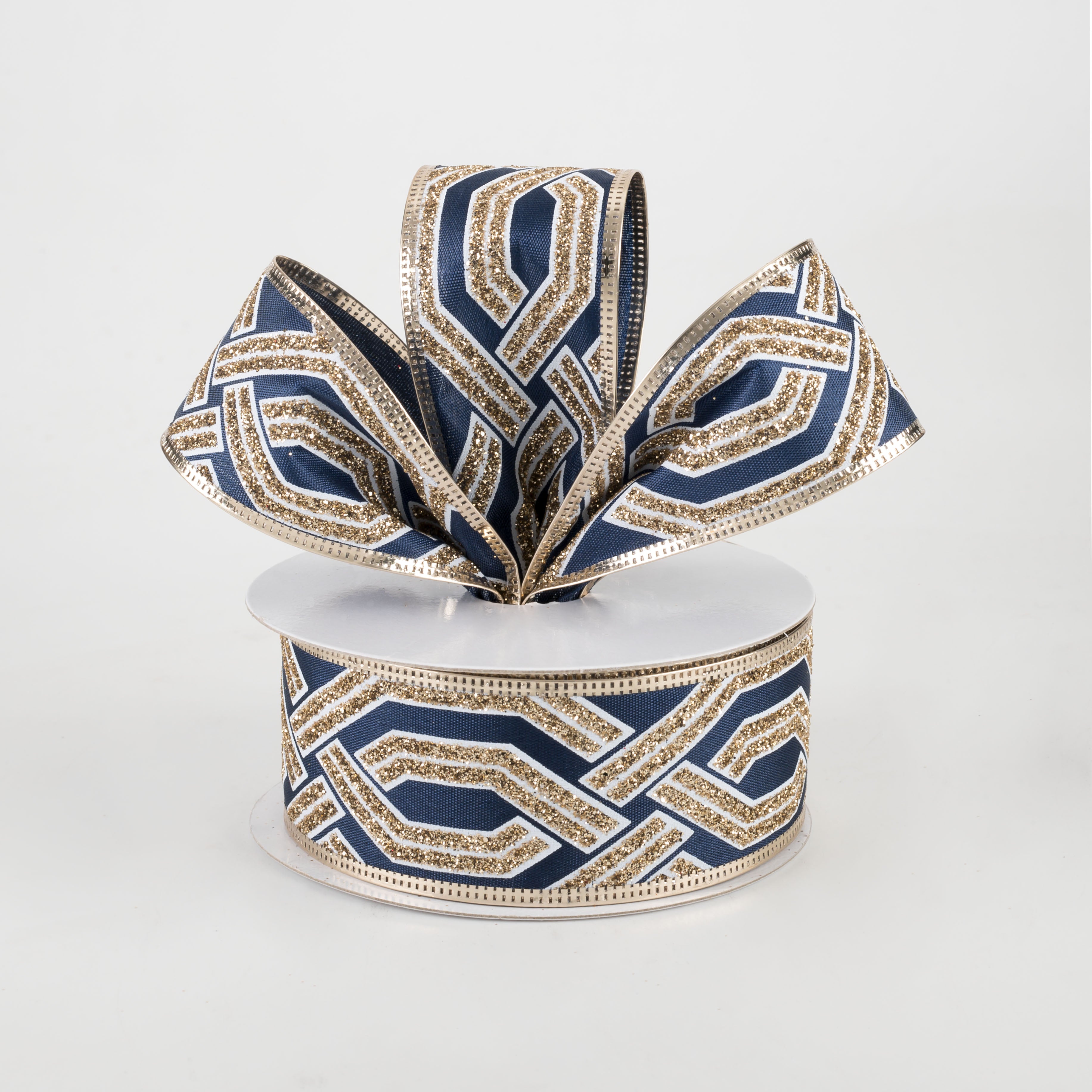 1.5" Interlock Geometric Glitter Satin Ribbon: Navy, White, Gold (10 Yards) Lifestyle Photo