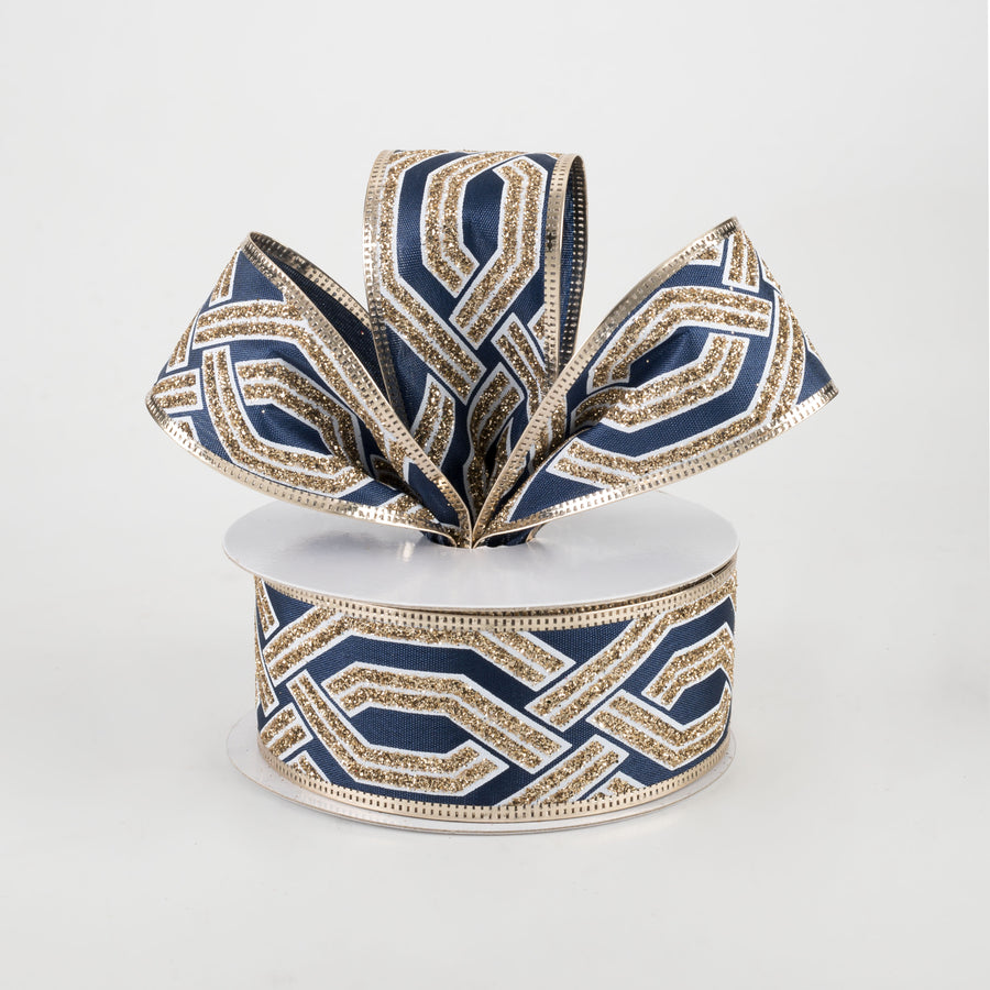 1.5" Interlock Geometric Glitter Satin Ribbon: Navy, White, Gold (10 Yards) Lifestyle Photo
