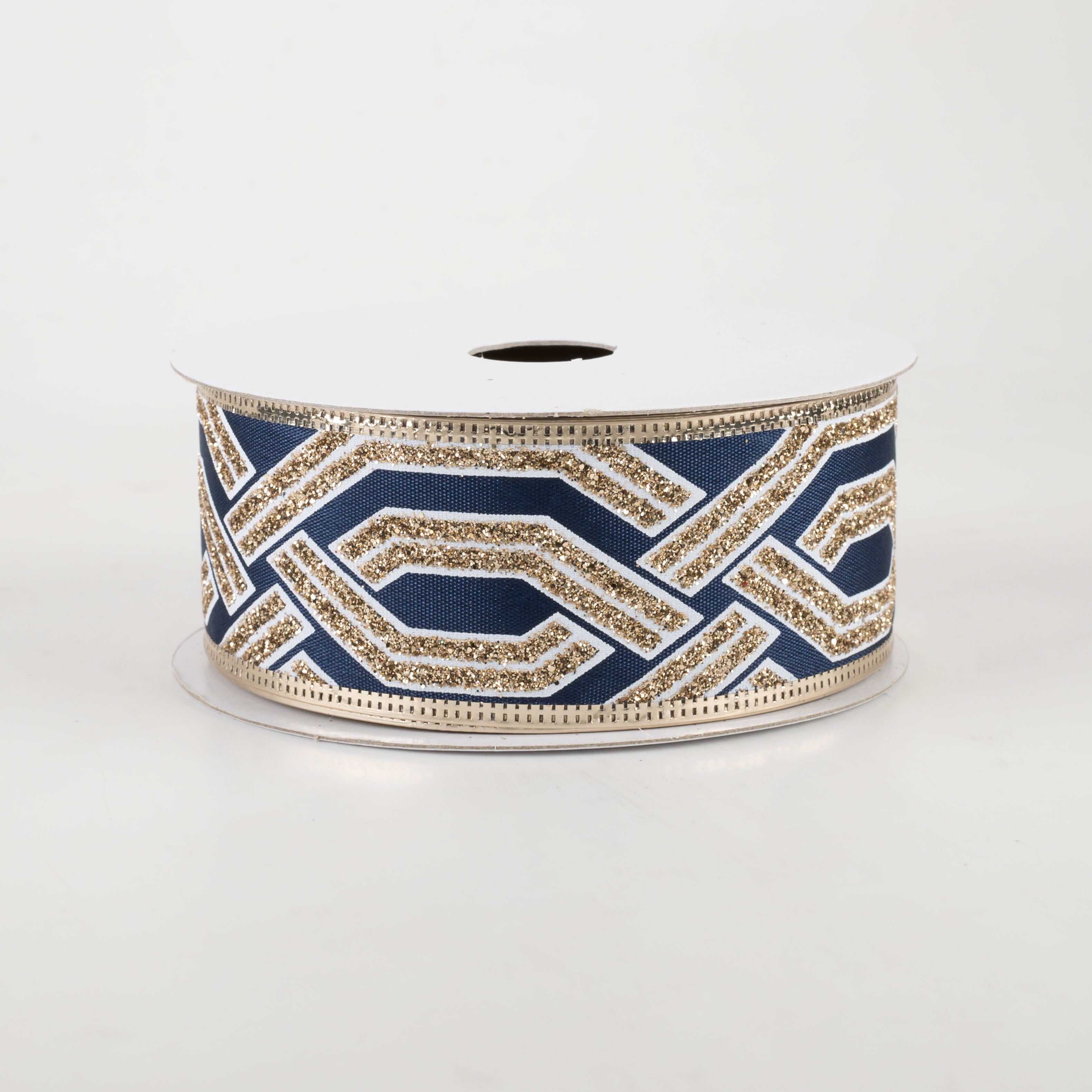 1.5" Interlock Geometric Glitter Satin Ribbon: Navy, White, Gold (10 Yards)