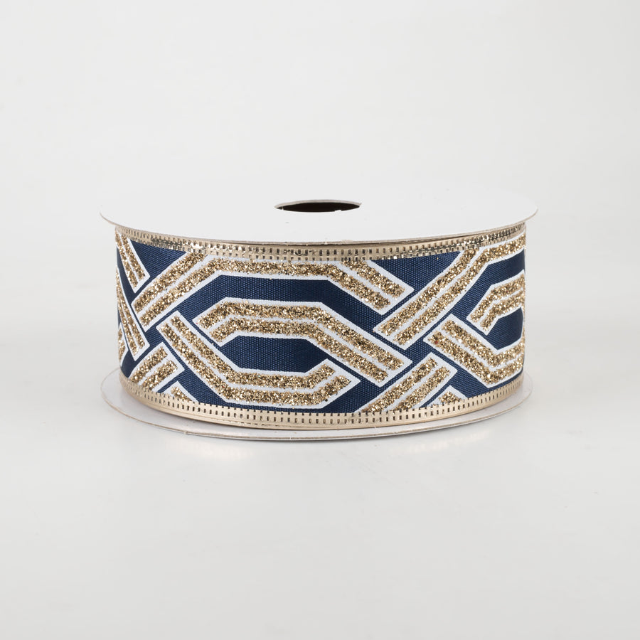 1.5" Interlock Geometric Glitter Satin Ribbon: Navy, White, Gold (10 Yards)