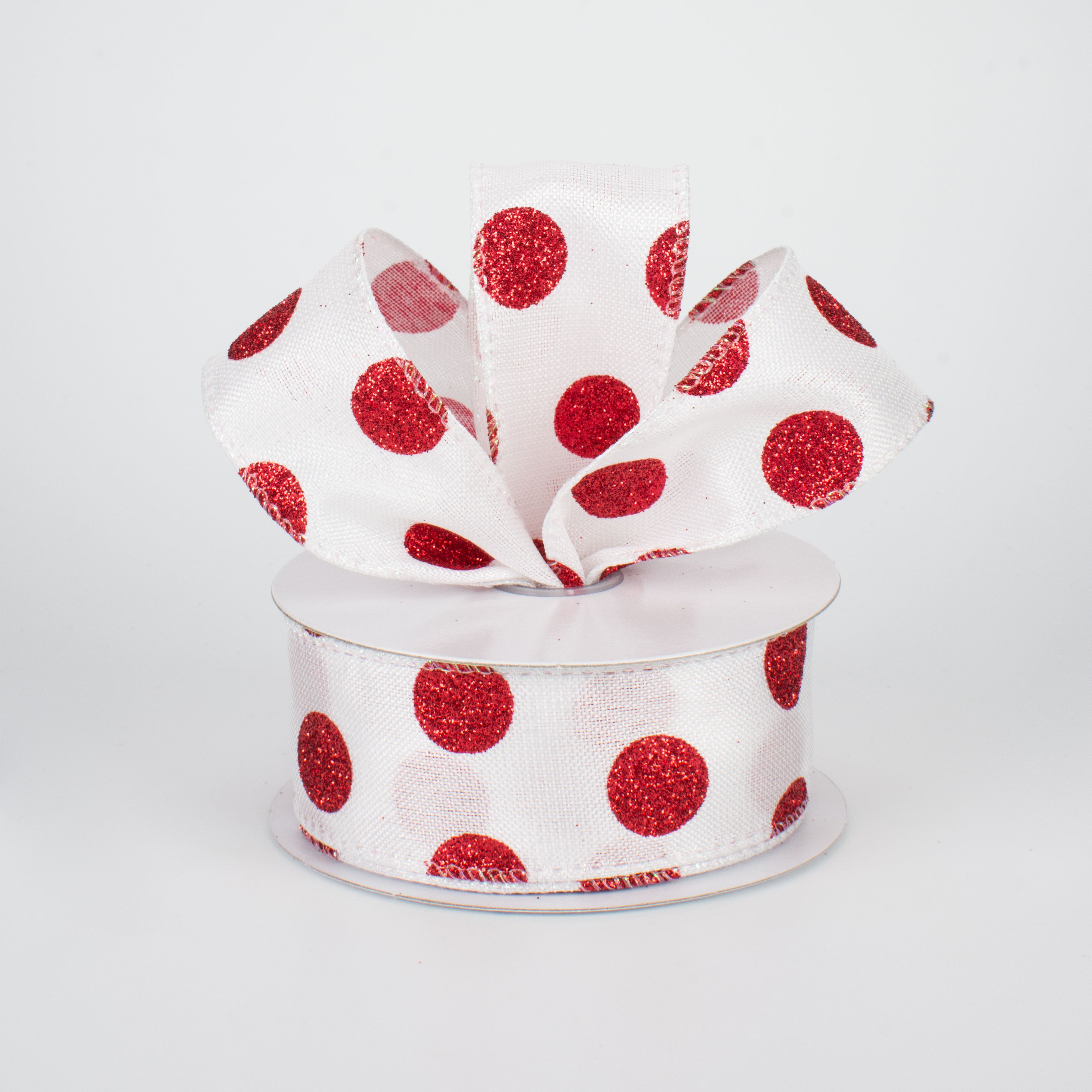 1.5" Iridescent Canvas Glitter Polka Dot Ribbon: Red on White (10 Yards) detail photo 3