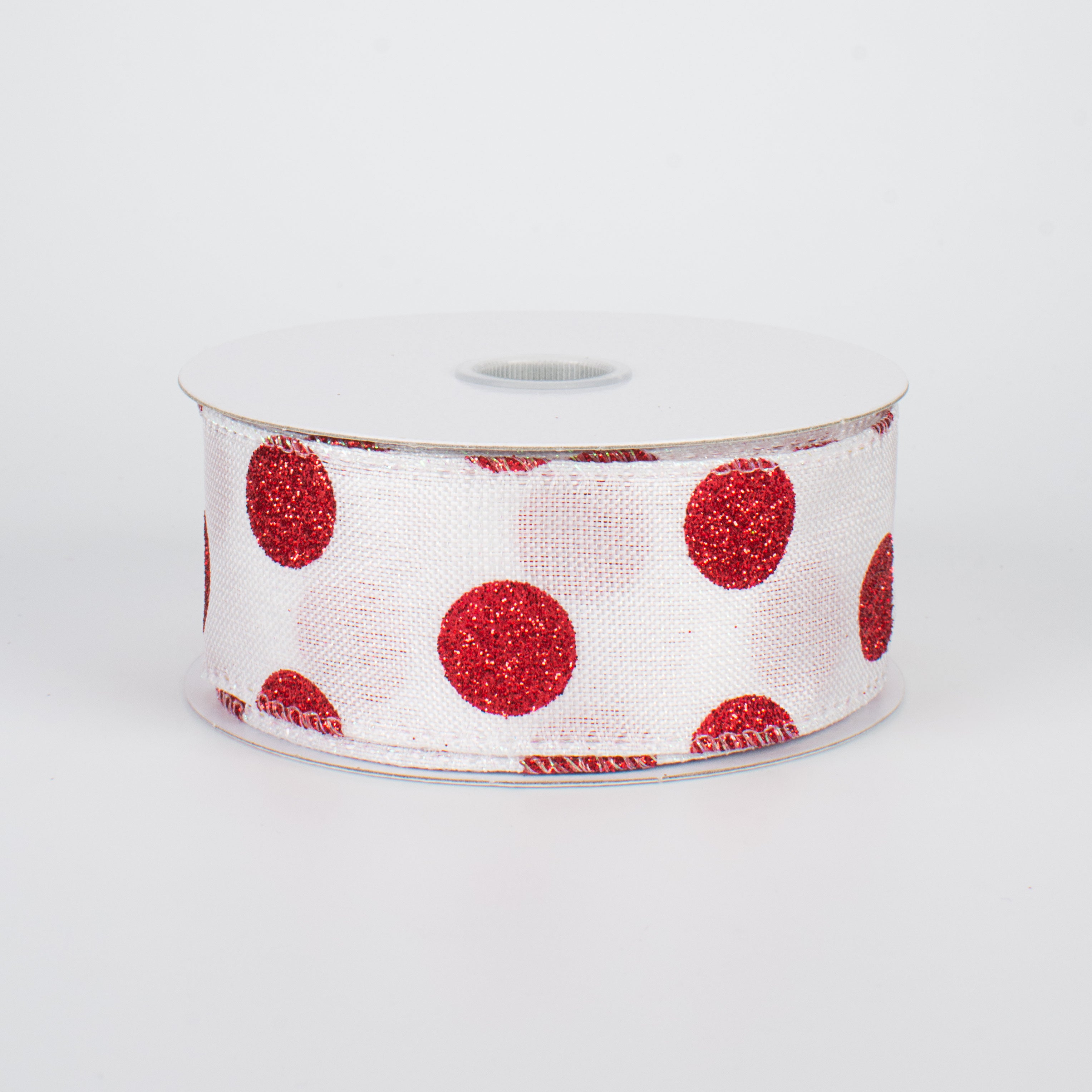 1.5" Iridescent Canvas Glitter Polka Dot Ribbon: Red on White (10 Yards) Item Number: X730209-01