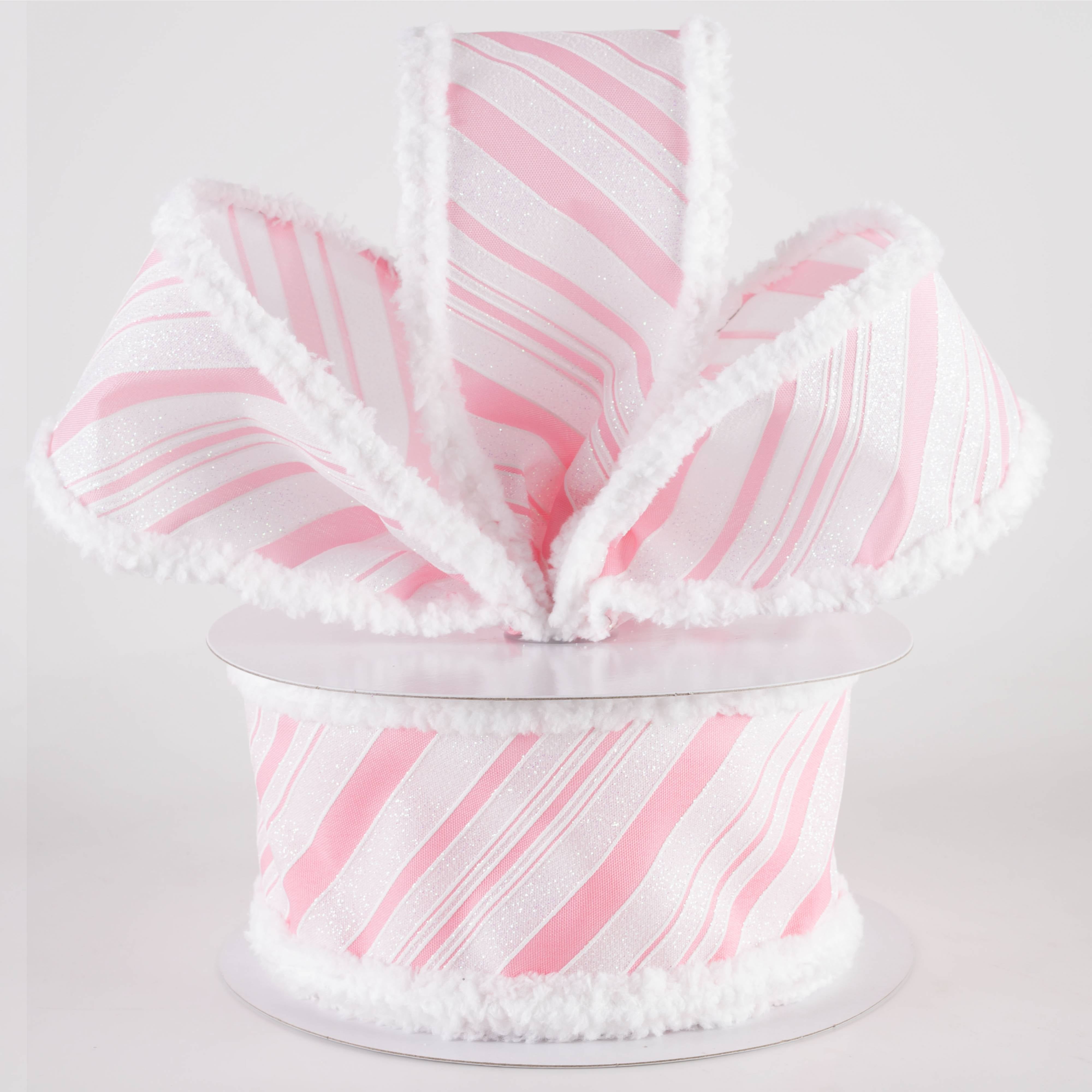 2.5" Iridescent Diagonal Stripe Candy Cane Snow Edge Ribbon: Pink & White (10 Yards) Lifestyle Photo