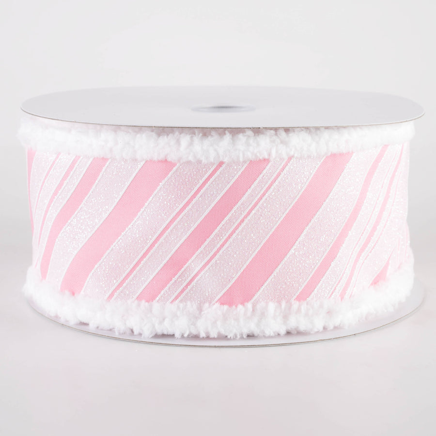2.5" Iridescent Diagonal Stripe Candy Cane Snow Edge Ribbon: Pink & White (10 Yards) Item Number: 71421-40-03