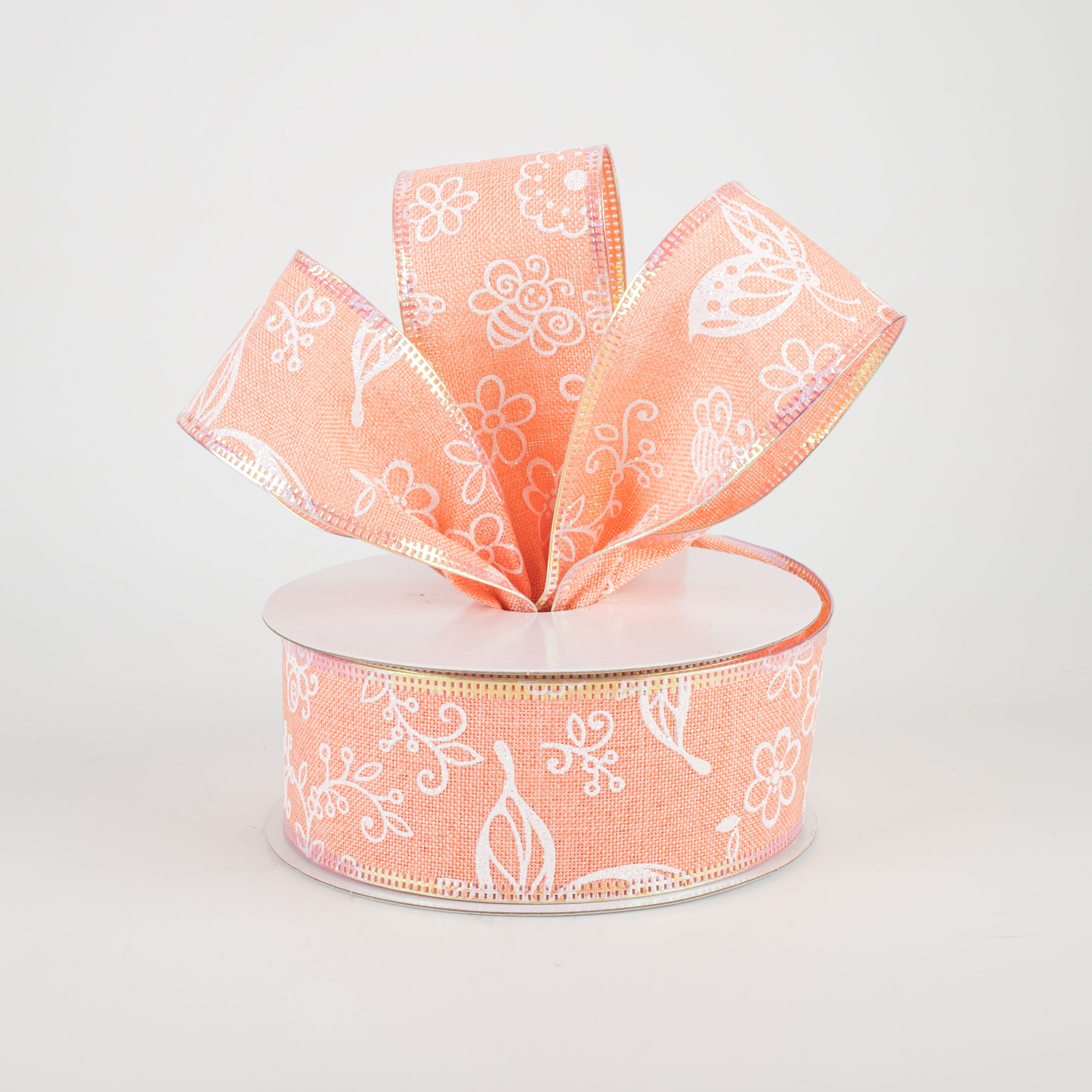 1.5" Iridescent Flowers & Bugs Linen Ribbon: Coral (10 Yards) Lifestyle Photo