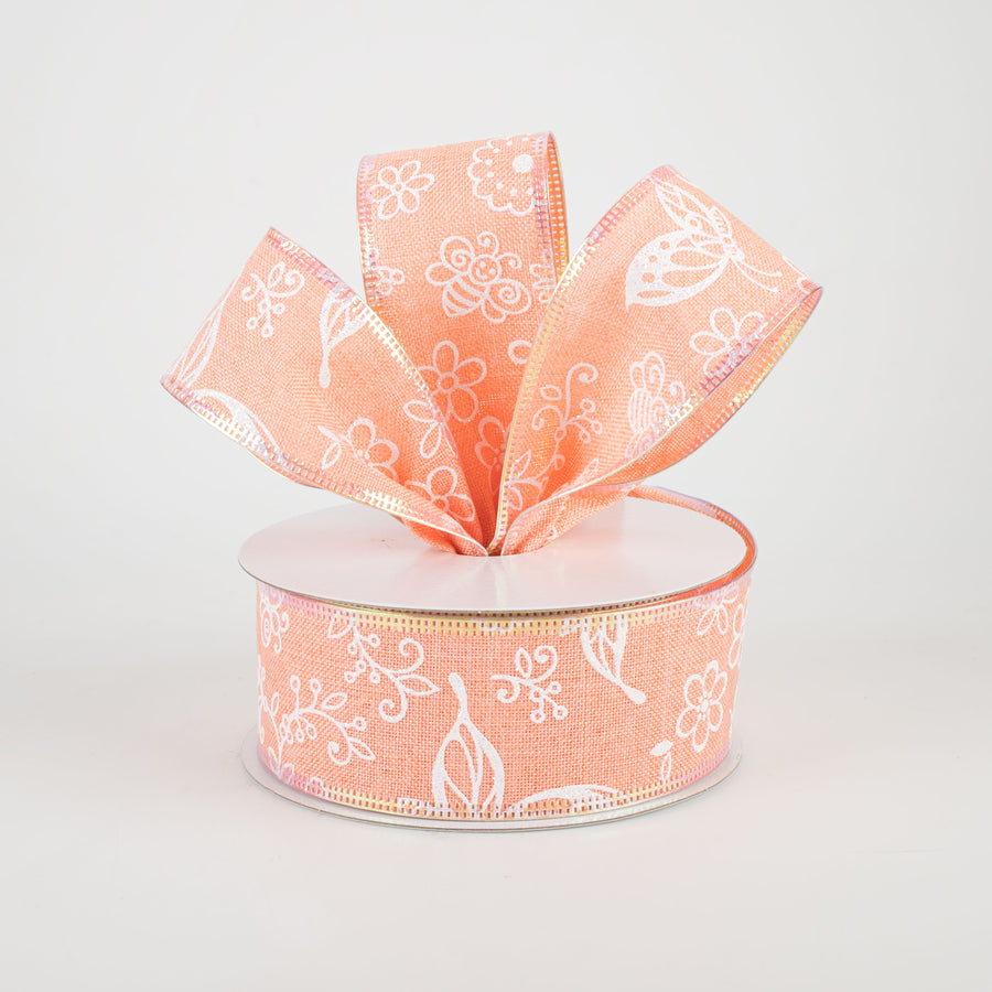 1.5" Iridescent Flowers & Bugs Linen Ribbon: Coral (10 Yards) Lifestyle Photo