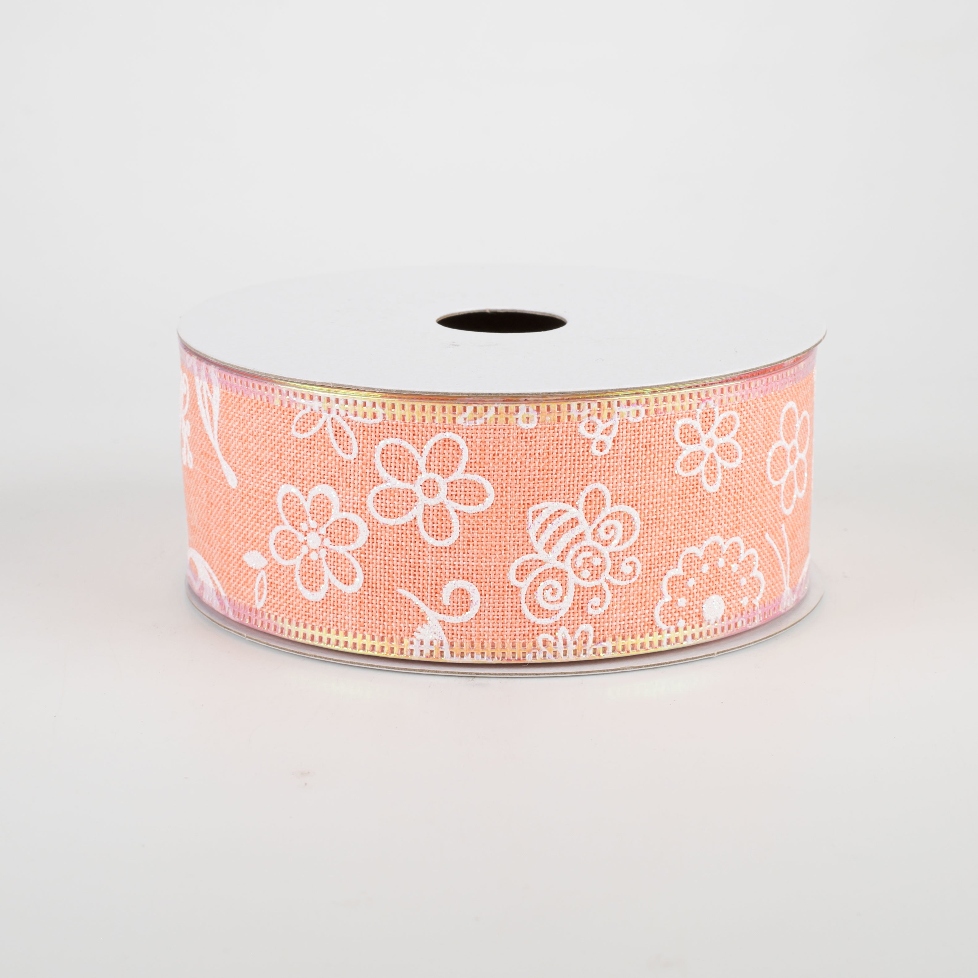 1.5" Iridescent Flowers & Bugs Linen Ribbon: Coral (10 Yards)