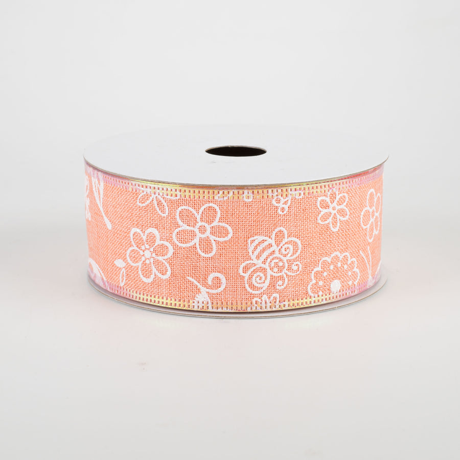 1.5" Iridescent Flowers & Bugs Linen Ribbon: Coral (10 Yards)