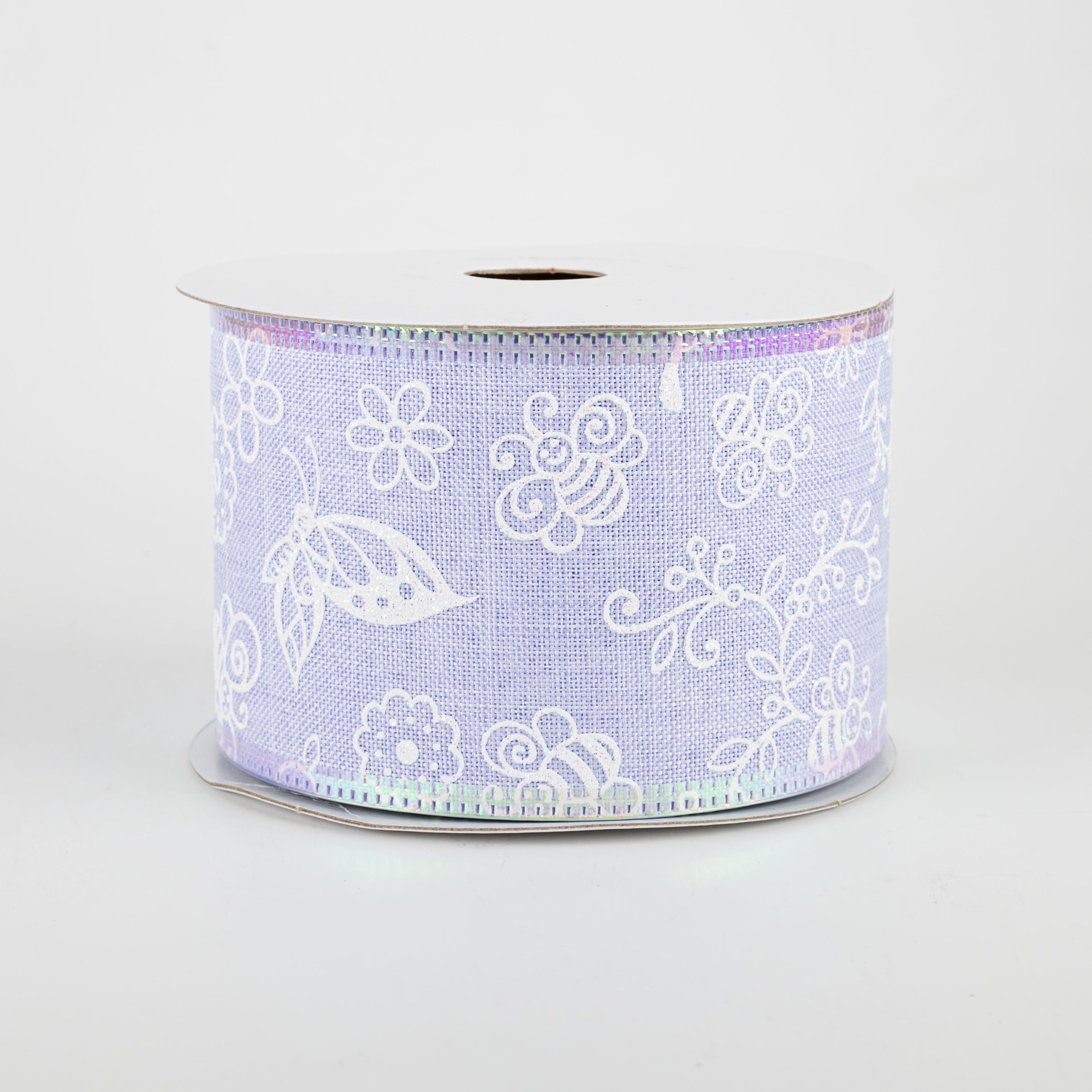 2.5" Iridescent Flowers & Bugs Linen Ribbon: Lavender (10 Yards) Item Number: 45103-40-30