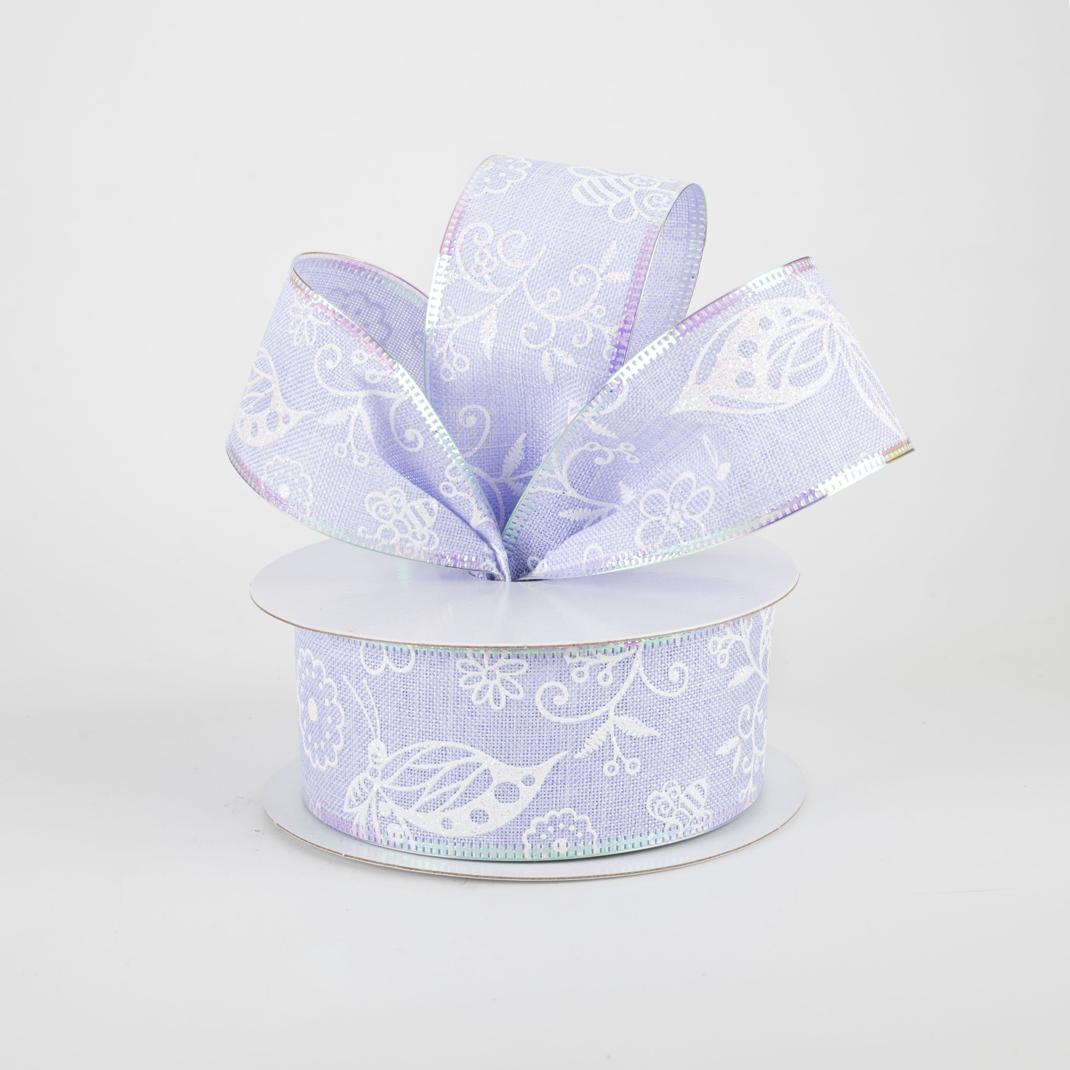 1.5" Iridescent Flowers & Bugs Linen Ribbon: Lavender (10 Yards) Lifestyle Photo