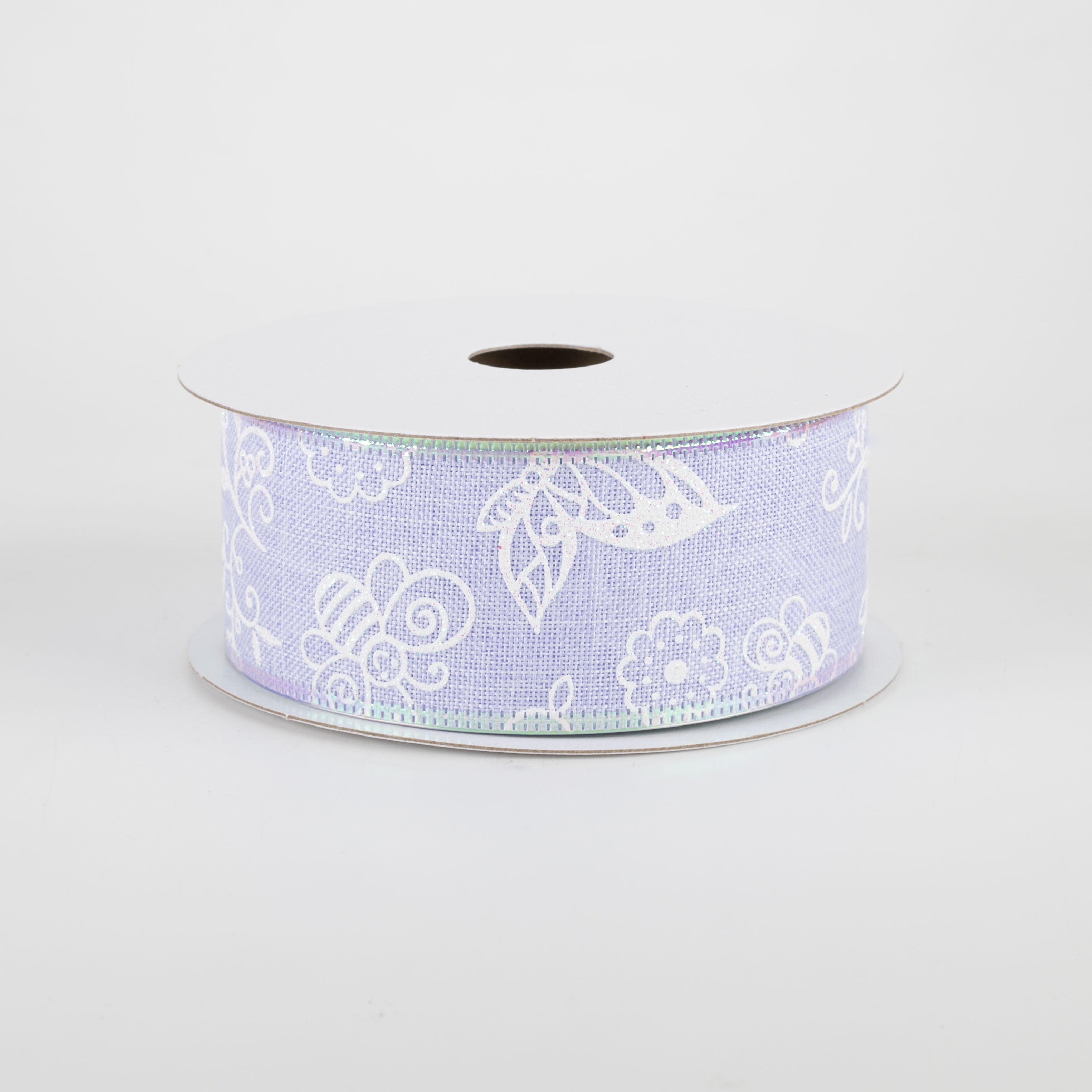 1.5" Iridescent Flowers & Bugs Linen Ribbon: Lavender (10 Yards)