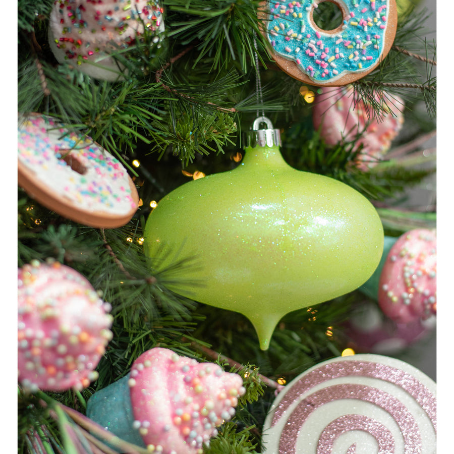 6" Iridescent Glitter Onion Shape Ornament: Bright Green Lifestyle Photo