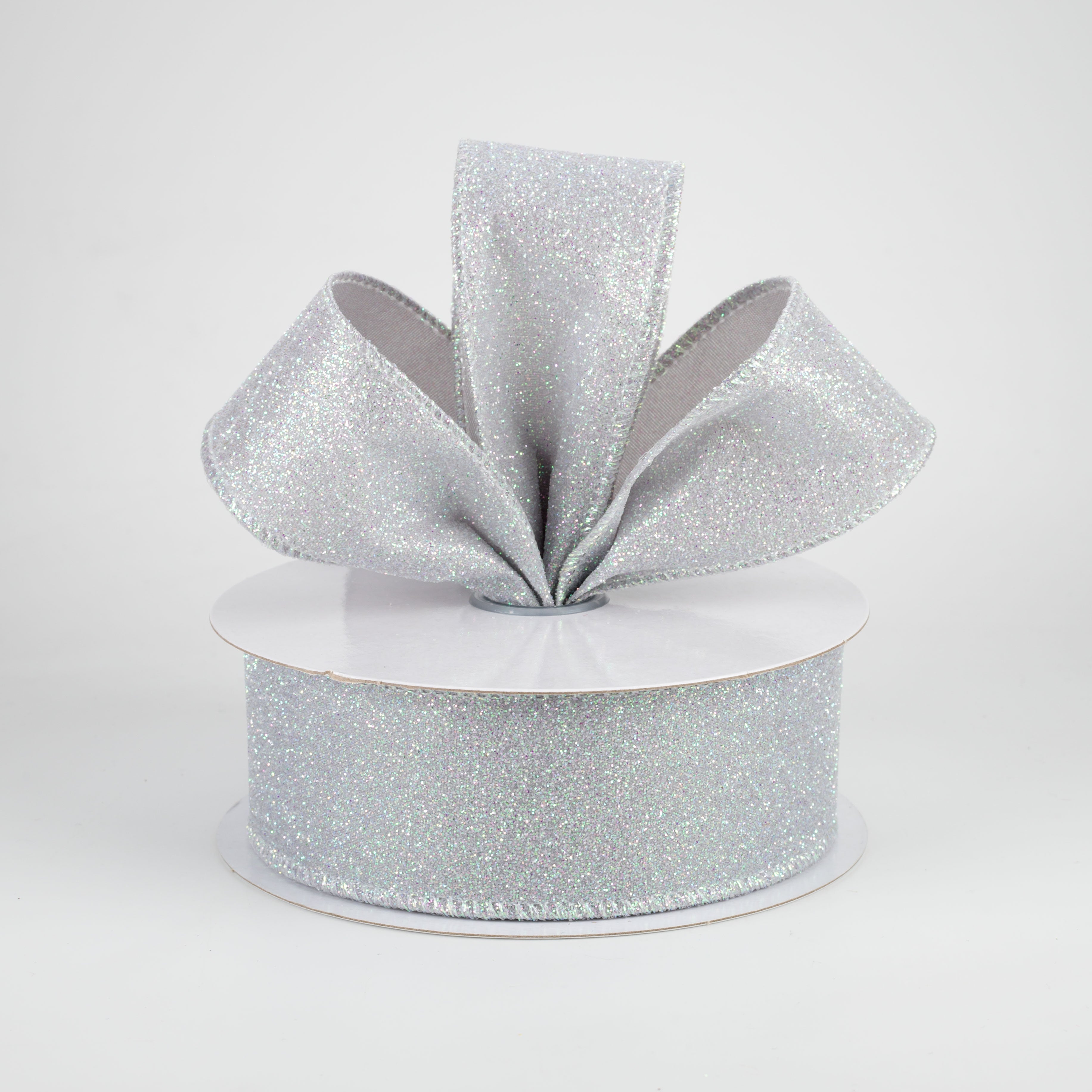 1.5" Iridescent Glitter Satin Ribbon: Grey (10 Yards) Lifestyle Photo