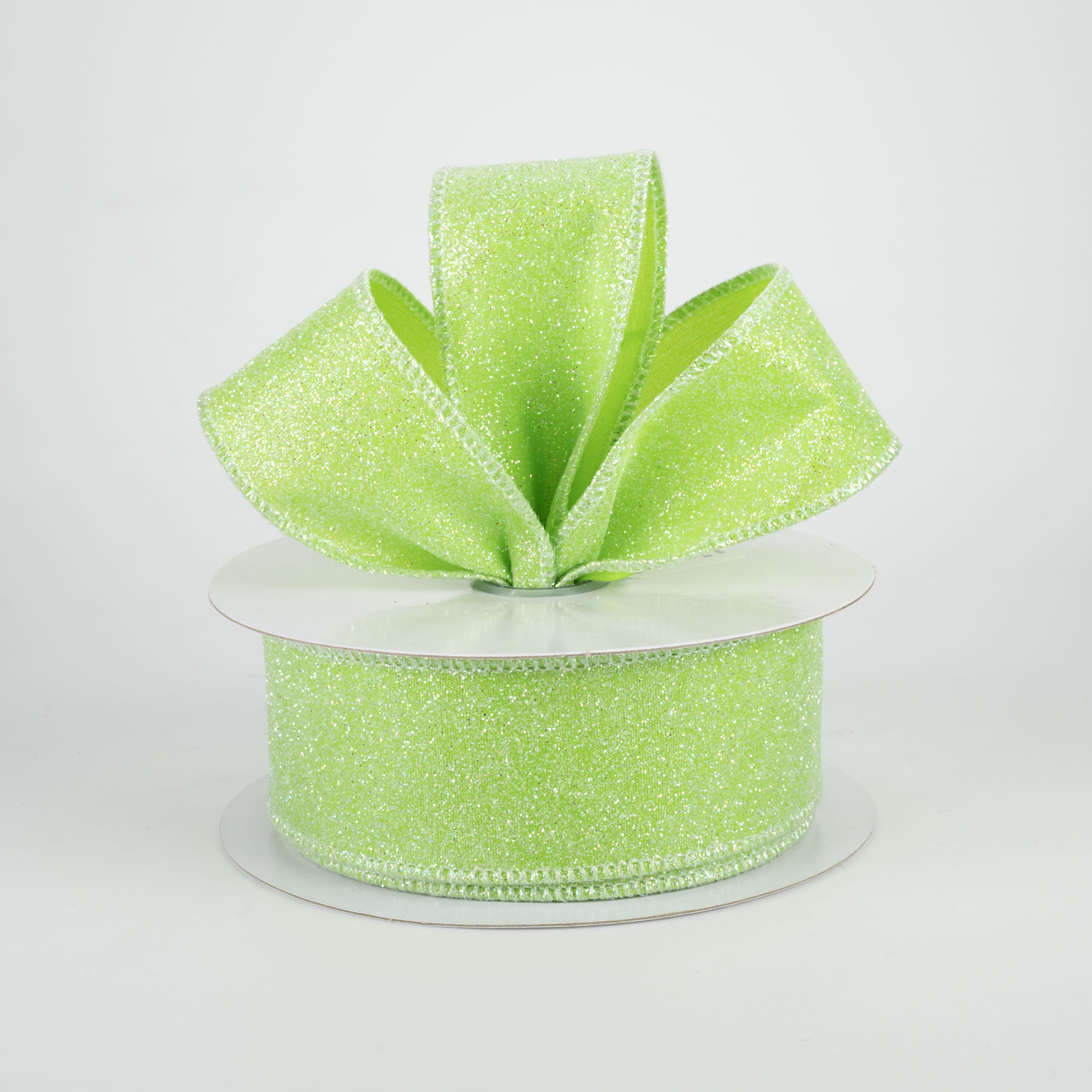 1.5" Iridescent Glitter Satin Ribbon: Lime Green (10 Yards) Lifestyle Photo
