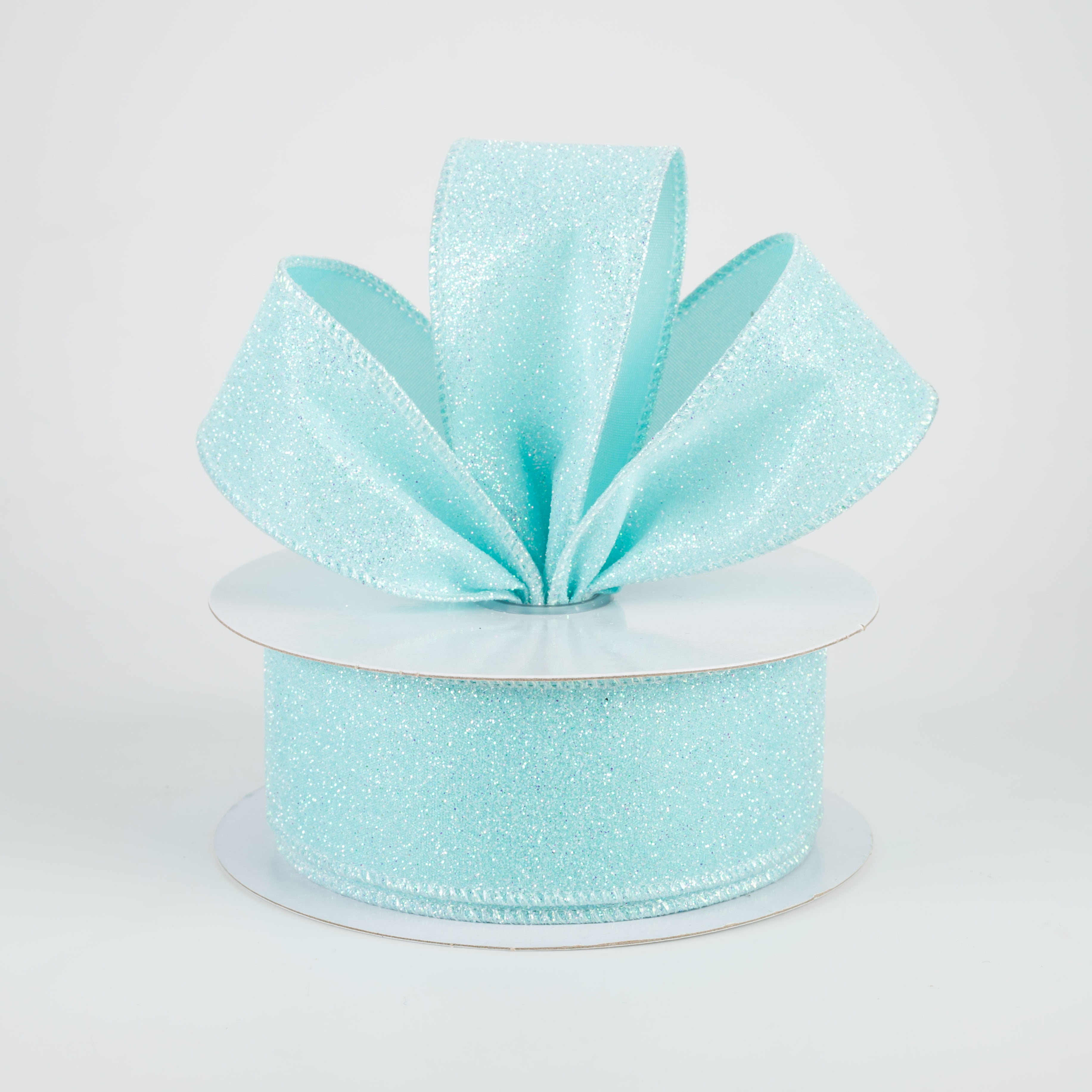1.5" Iridescent Glitter Satin Ribbon: Robin's Egg Blue (10 Yards) Lifestyle Photo