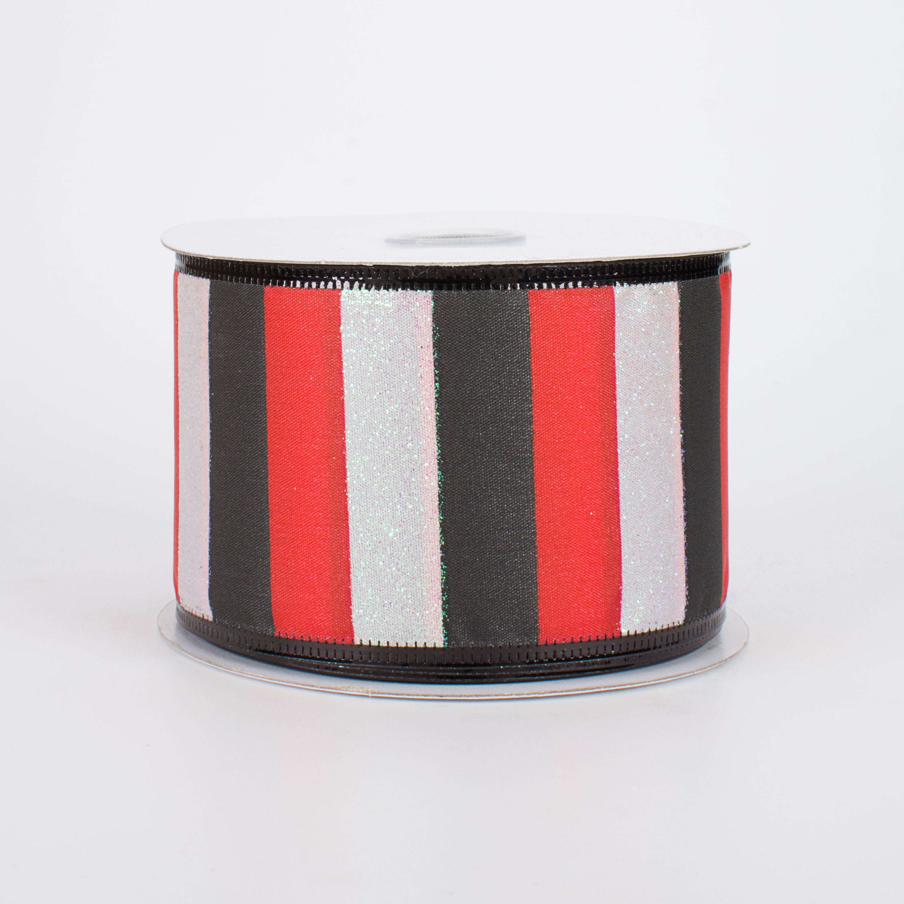 2.5" Iridescent Glitter Stripes Ribbon: Red, Black, White (10 Yards)