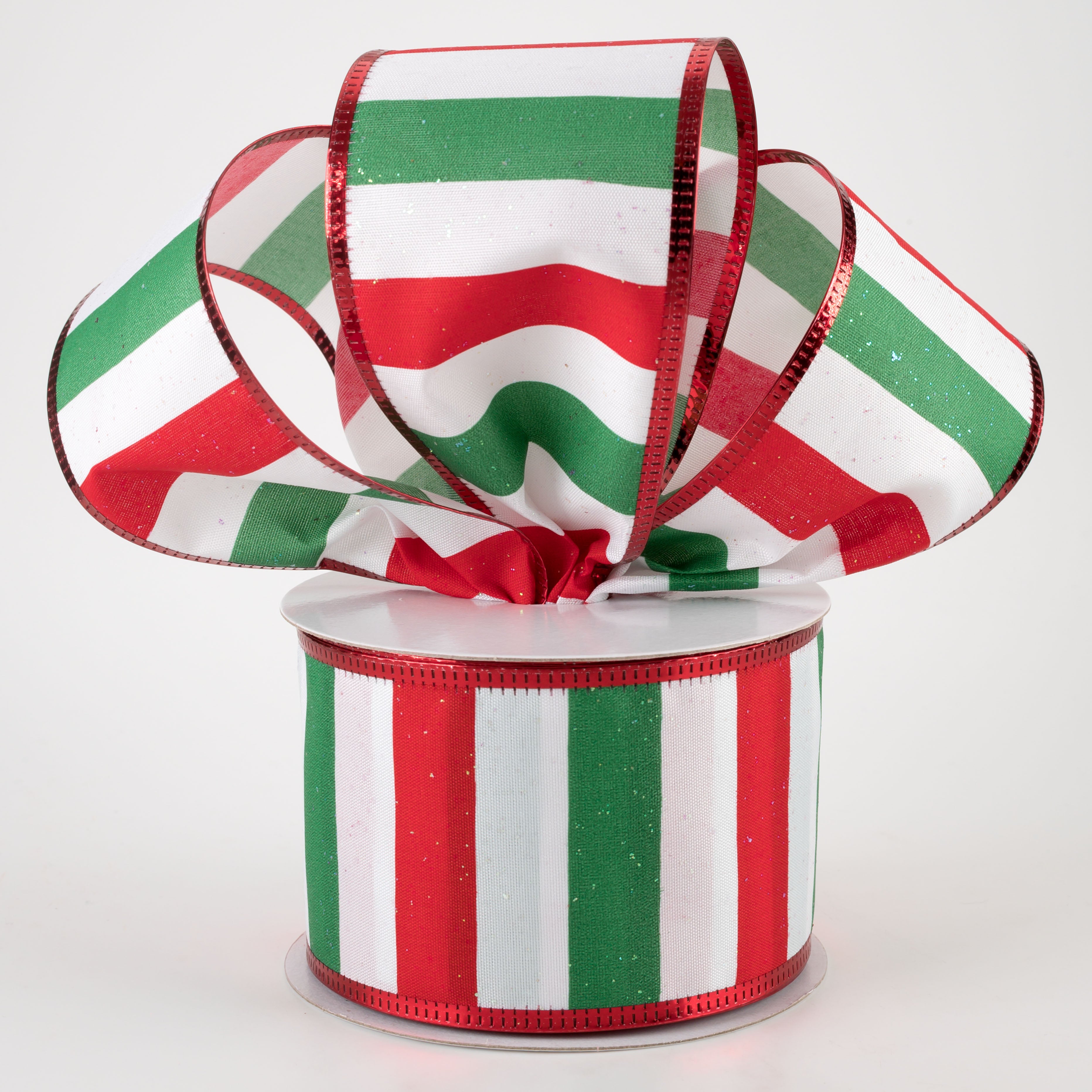 2.5" Iridescent Glitter Stripes Ribbon: White, Red, Emerald (10 Yards) Lifestyle Photo