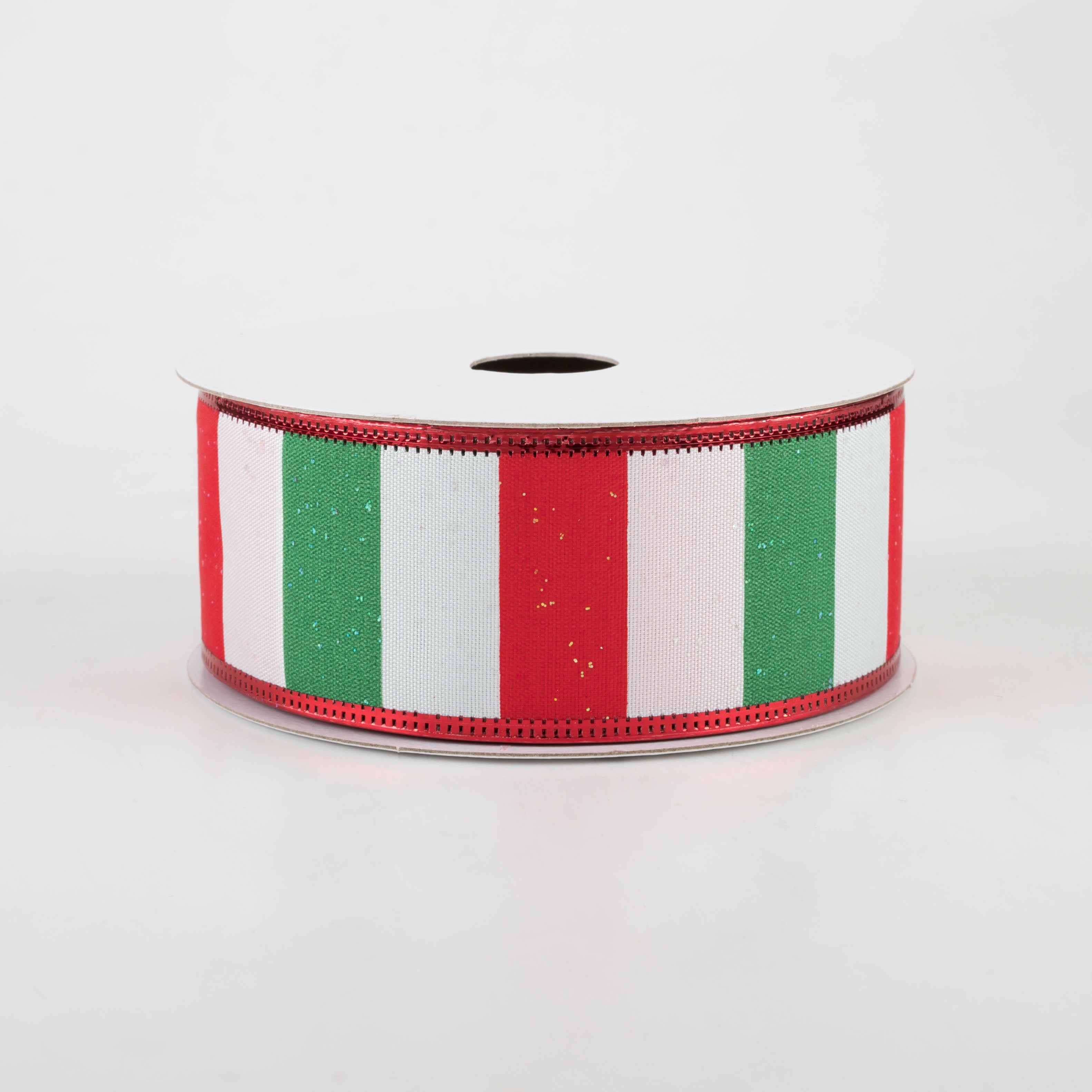 1.5" Iridescent Glitter Stripes Ribbon: White, Red, Emerald (10 Yards)