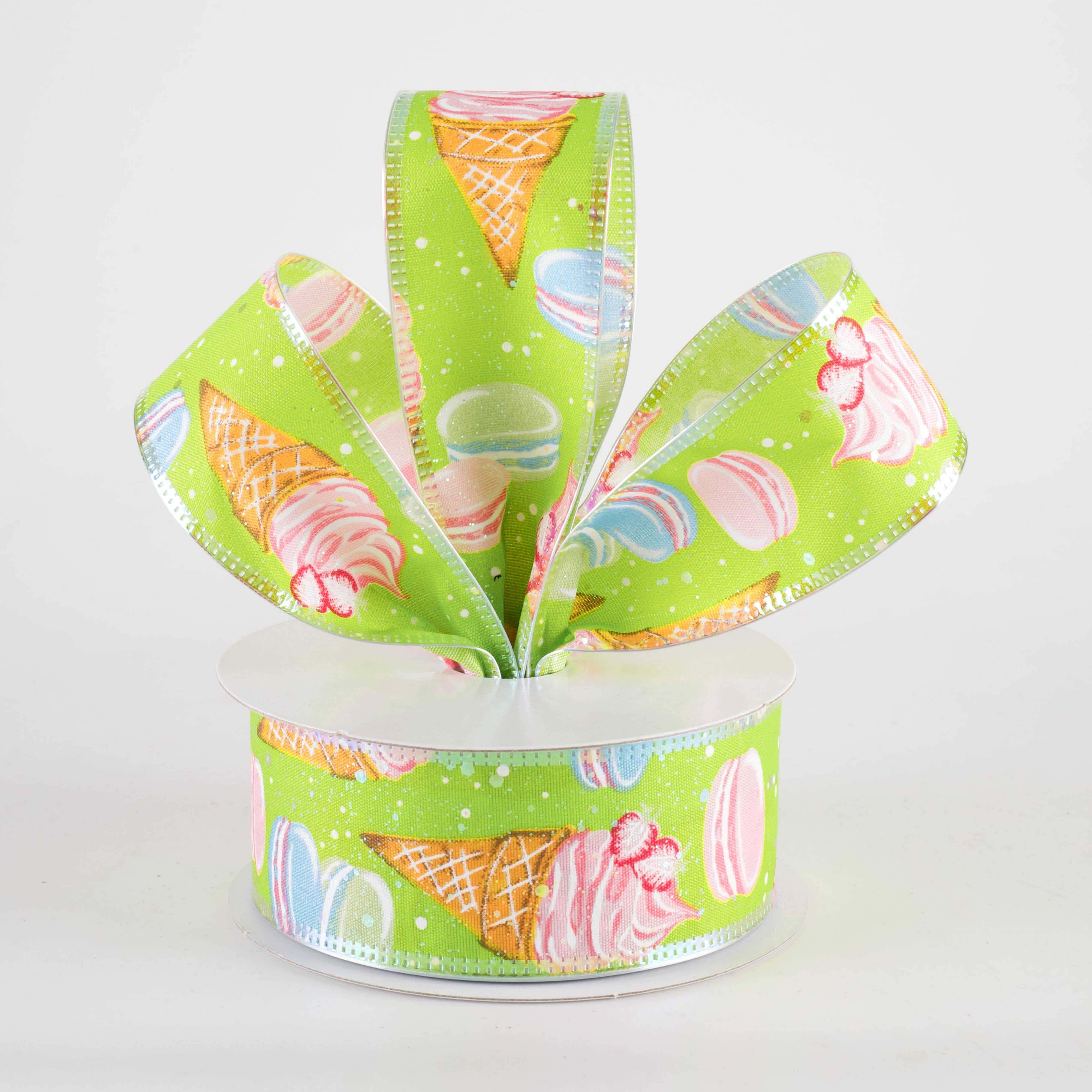 1.5" Iridescent Ice Cream & Macarons Ribbon: Lime Green (10 Yards) Lifestyle Photo