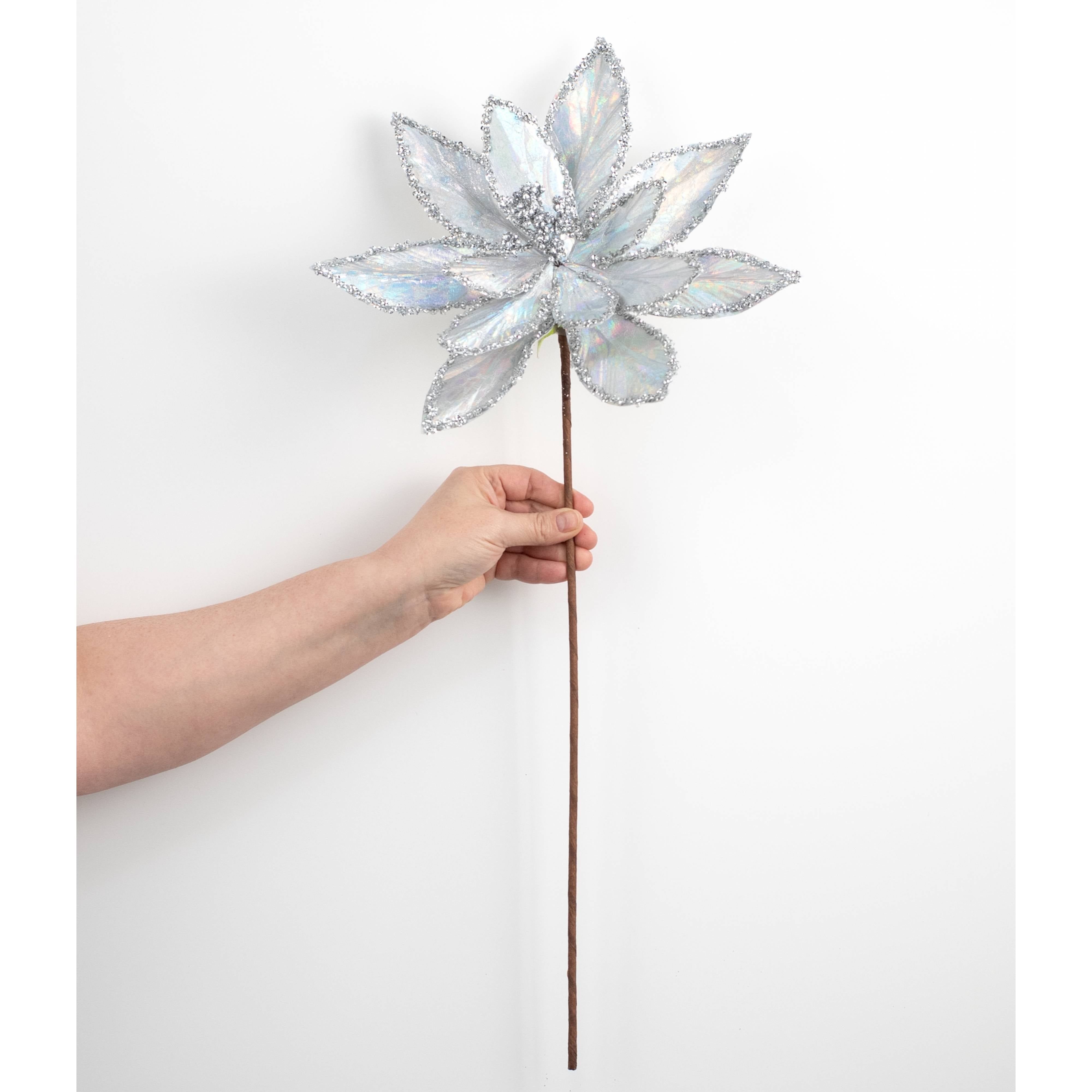 24" Iridescent Poinsettia Pearl Stem: Silver detail photo 3