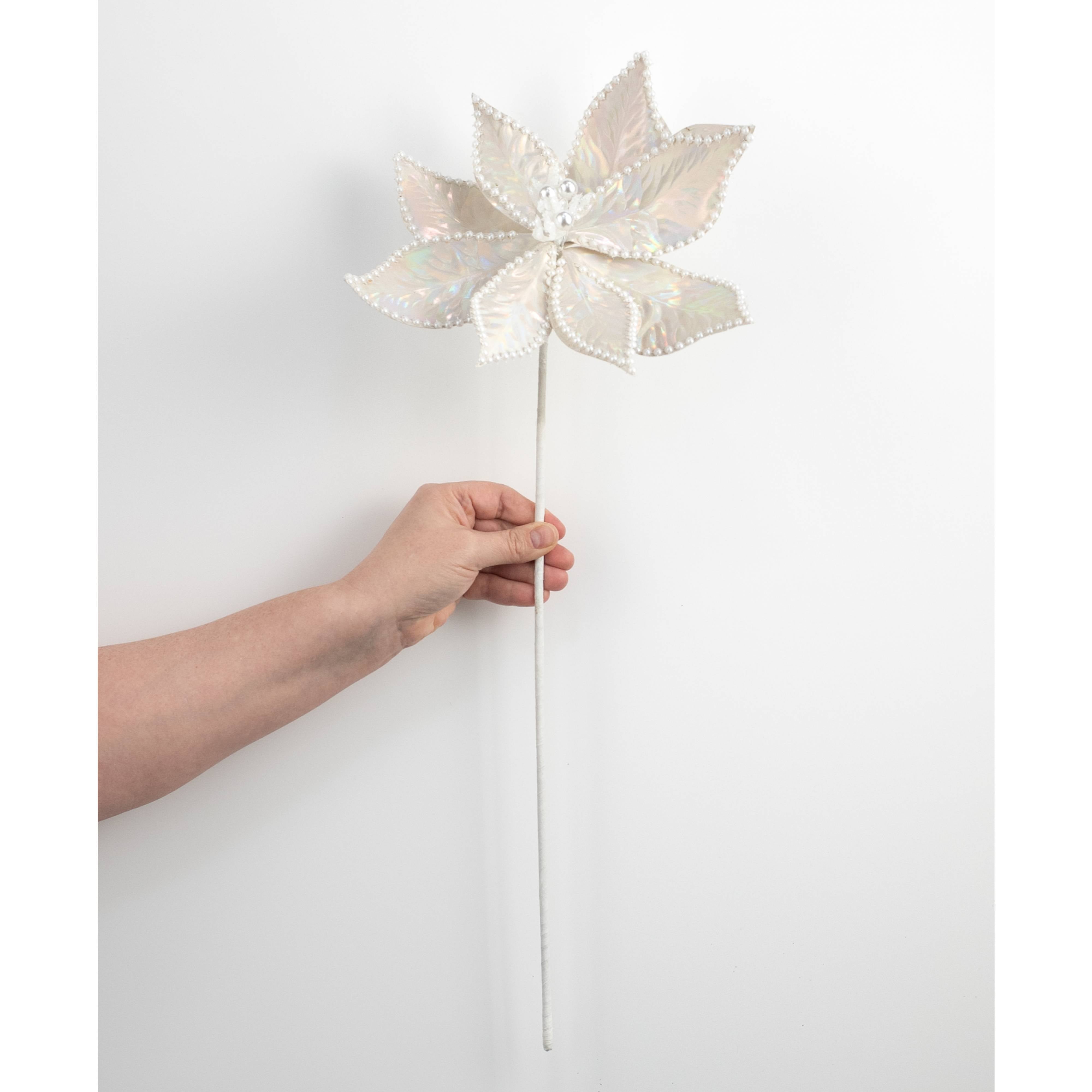 24" Iridescent Poinsettia Pearl Stem: White detail photo 3