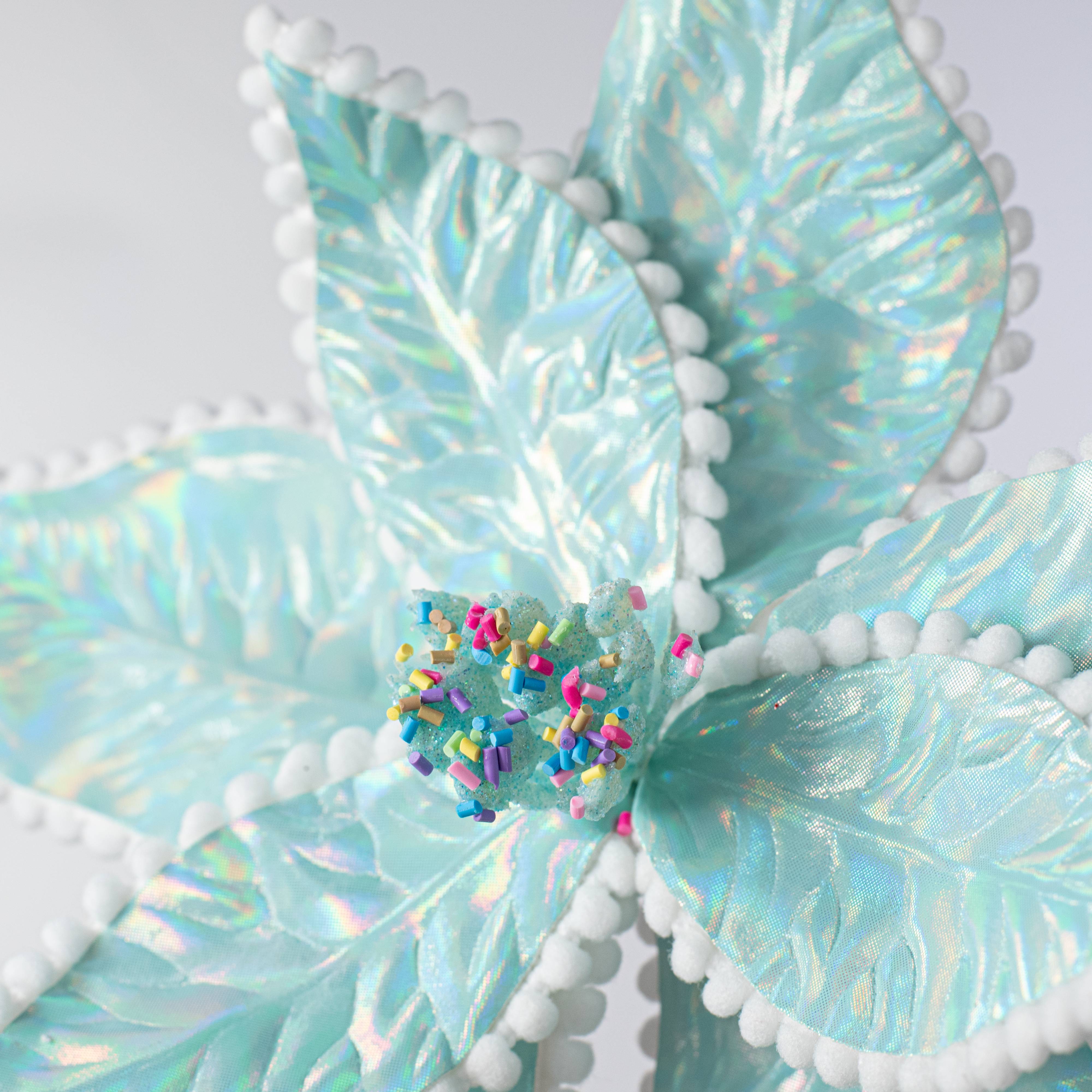 24" Iridescent Poinsettia Sprinkles Stem: Ice Blue Lifestyle Photo