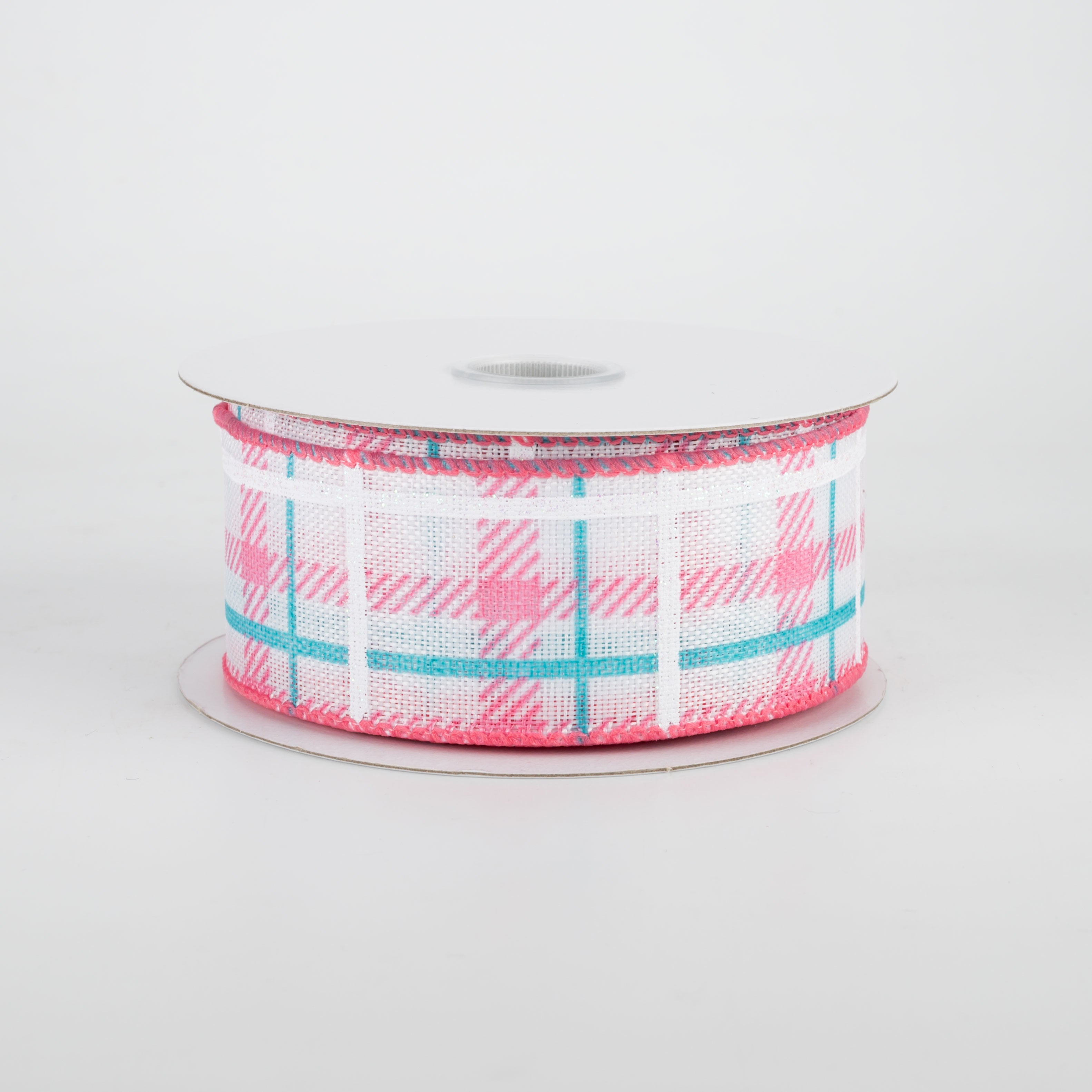 1.5" Iridescent Print Plaid Ribbon: Coral, Aqua, White (10 Yards)