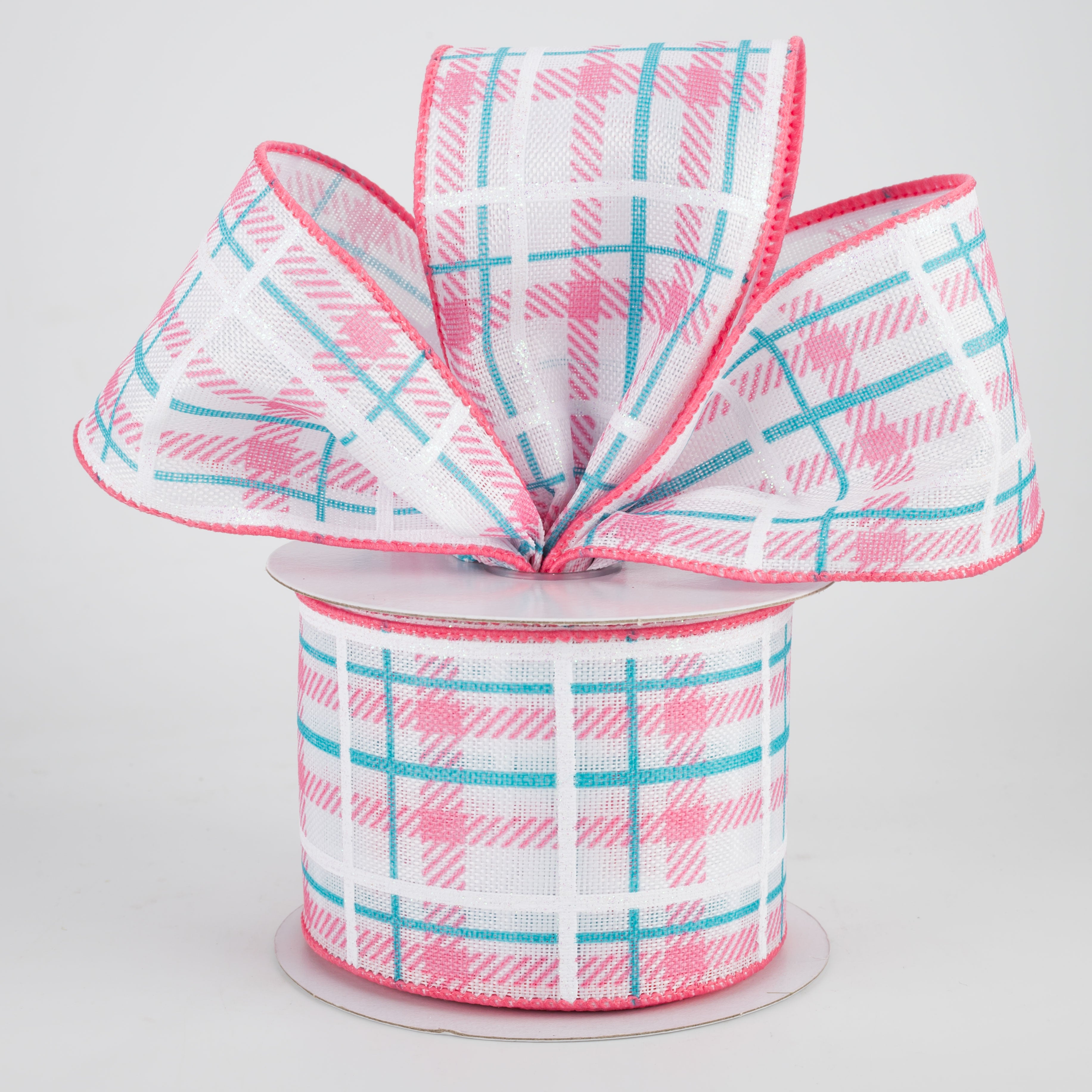 2.5" Iridescent Print Plaid Ribbon: Coral, Aqua, White (10 Yards) Lifestyle Photo