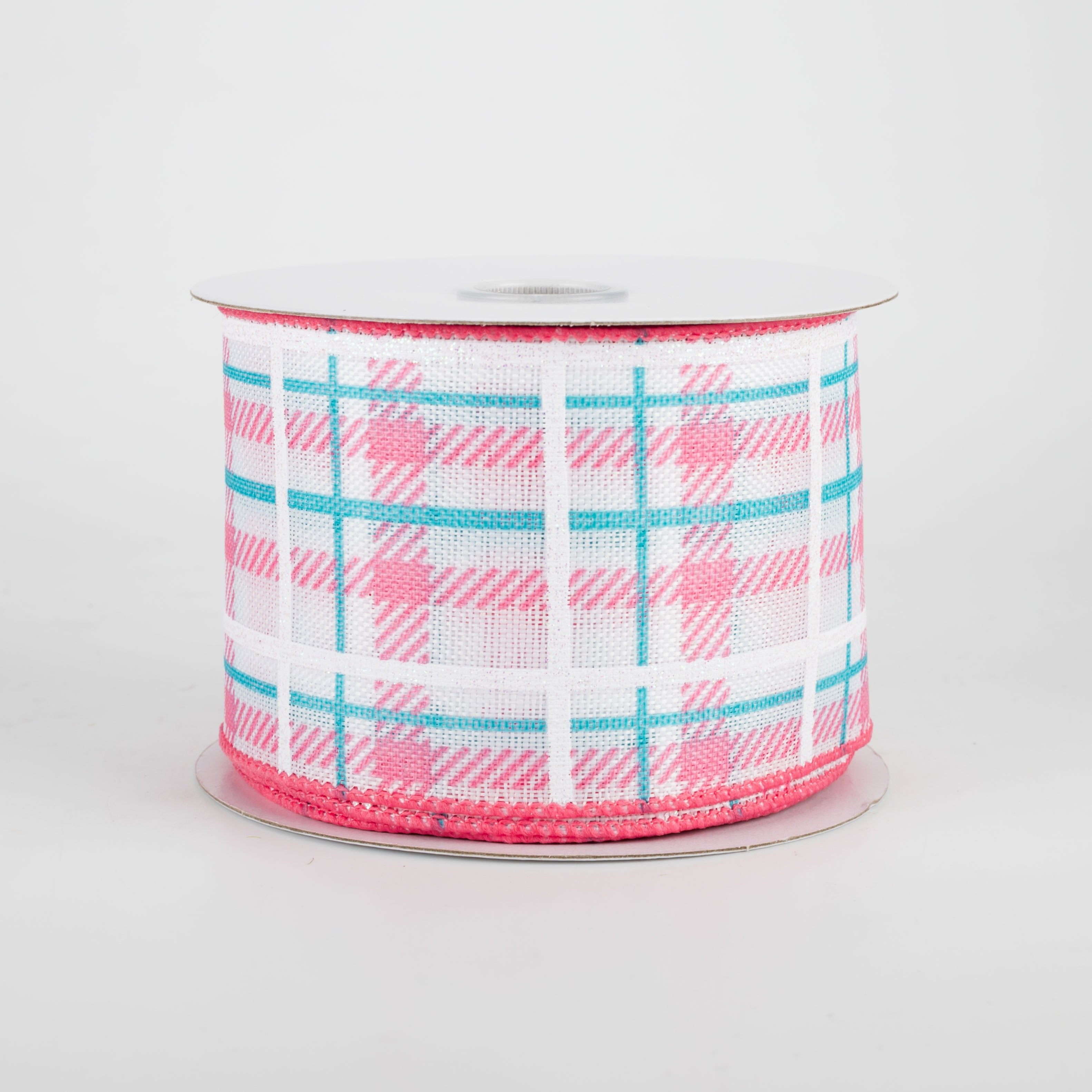 2.5" Iridescent Print Plaid Ribbon: Coral, Aqua, White (10 Yards)