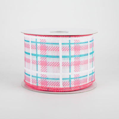 2.5" Iridescent Print Plaid Ribbon: Coral, Aqua, White (10 Yards)