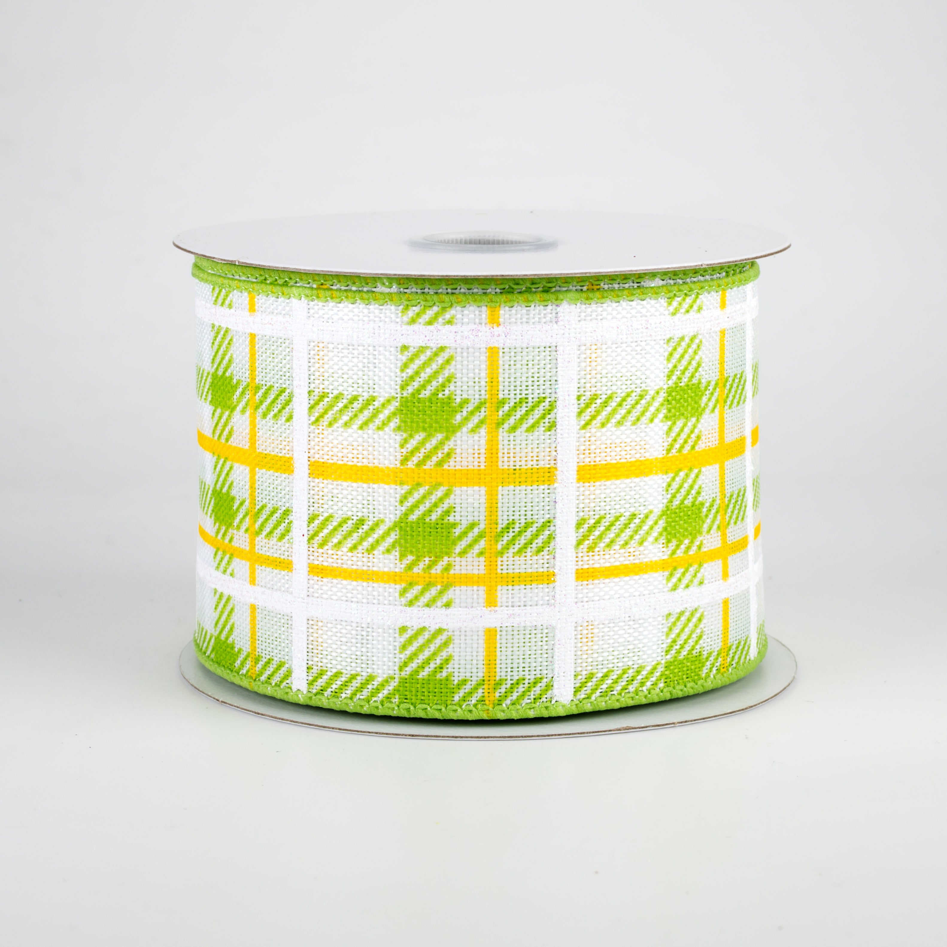 2.5" Iridescent Print Plaid Ribbon: Lime, Yellow, White (10 Yards)