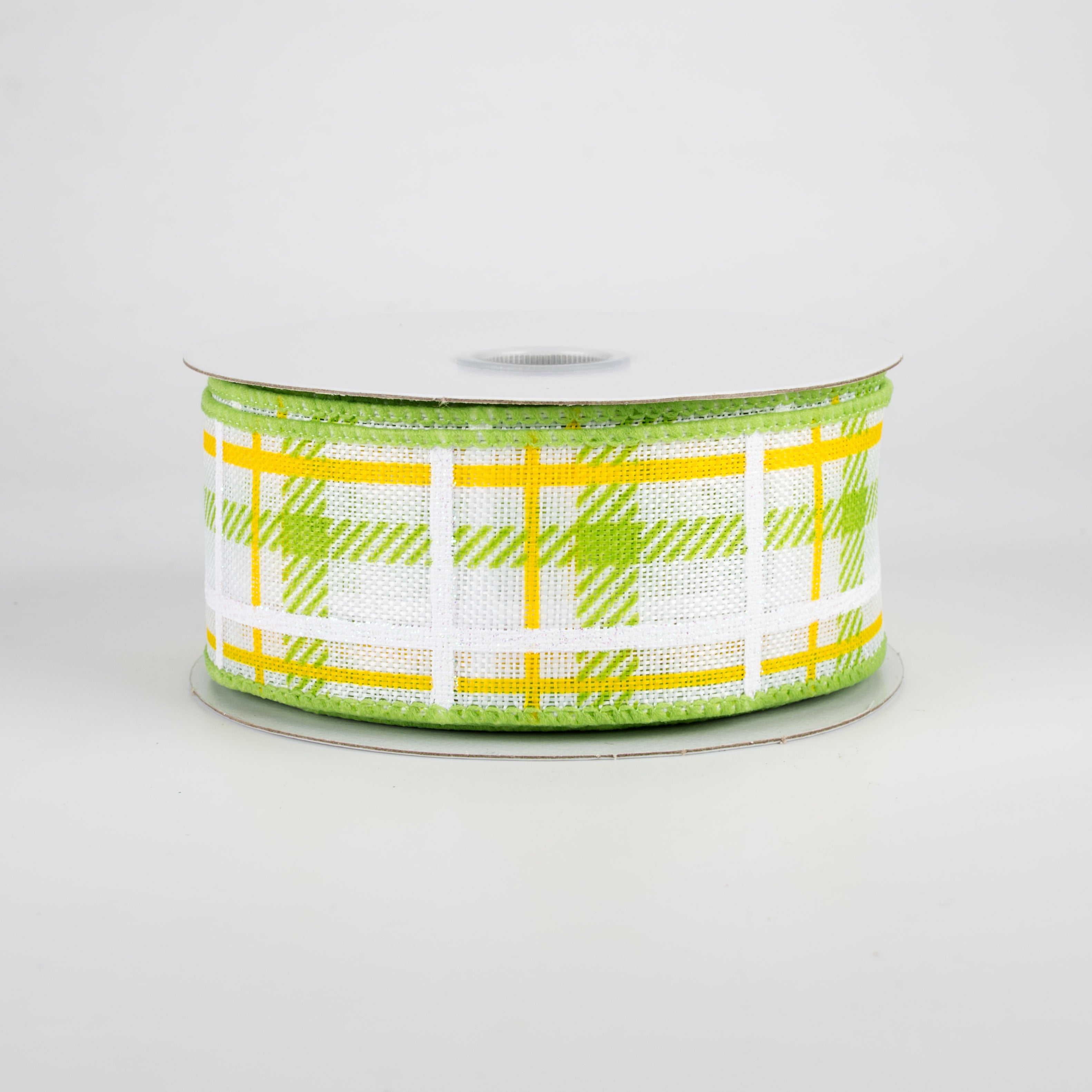 1.5" Iridescent Print Plaid Ribbon: Lime, Yellow, White (10 Yards)