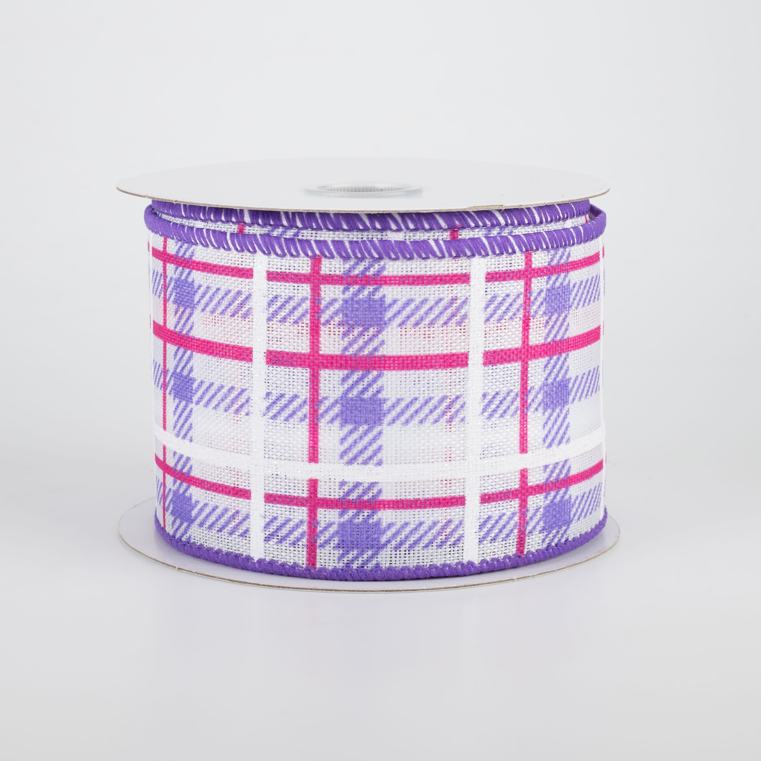 2.5" Iridescent Print Plaid Ribbon: Purple, Fuchsia, White (10 Yards)