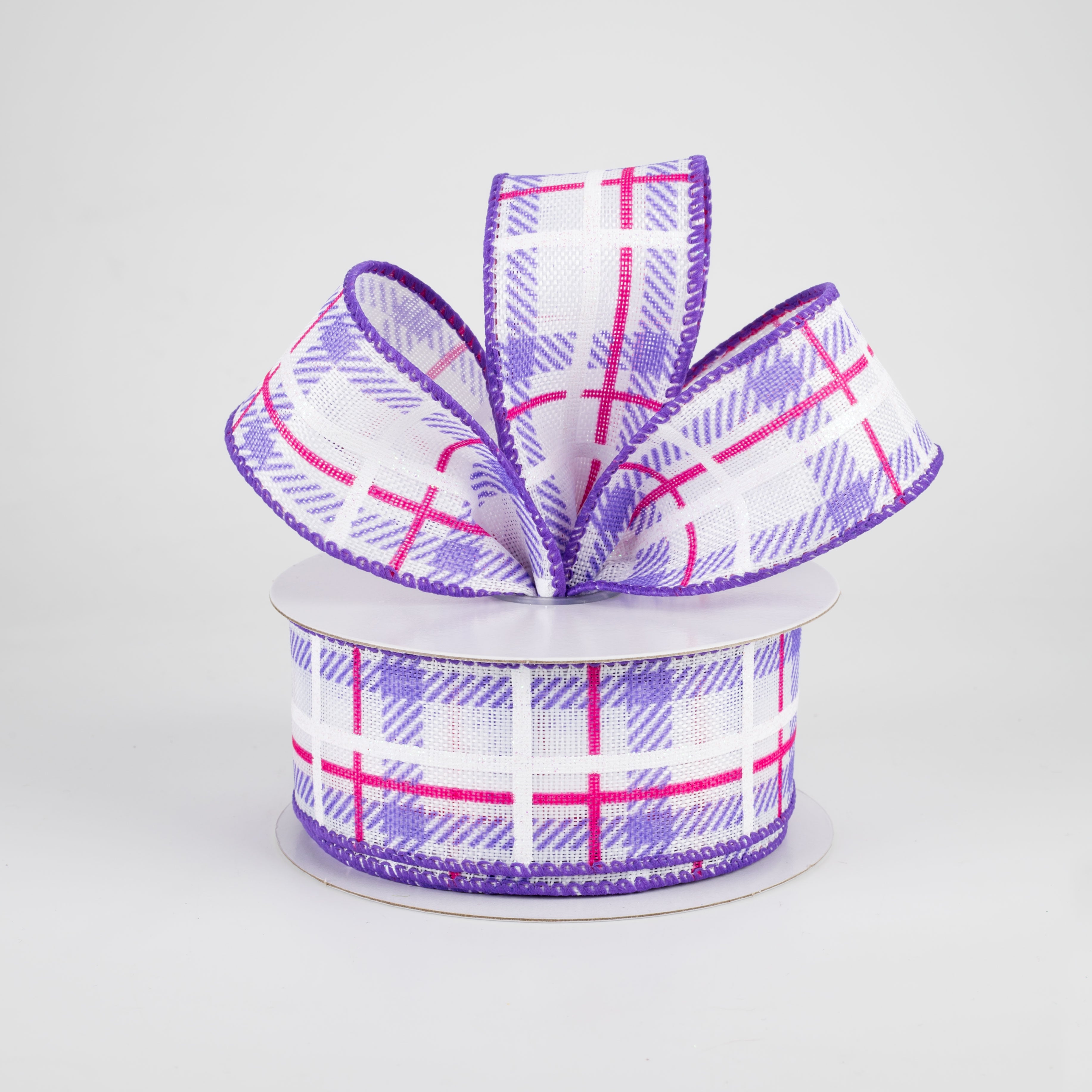 1.5" Iridescent Print Plaid Ribbon: Purple, Fuchsia, White (10 Yards) Lifestyle Photo