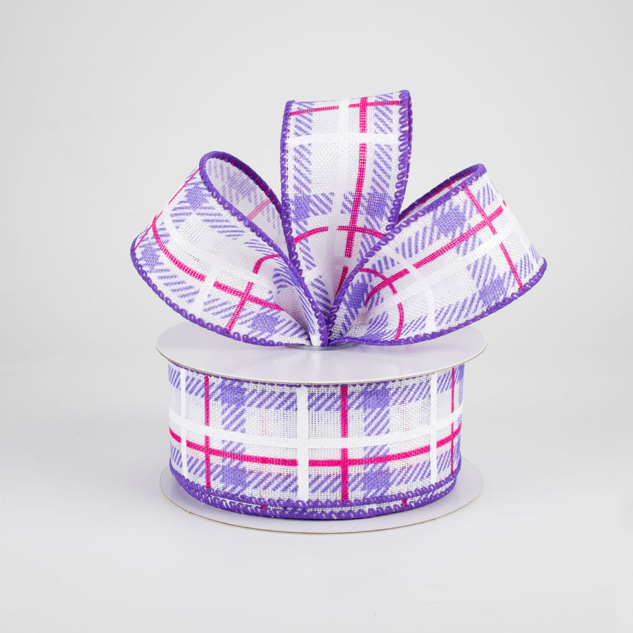 1.5" Iridescent Print Plaid Ribbon: Purple, Fuchsia, White (10 Yards) Lifestyle Photo