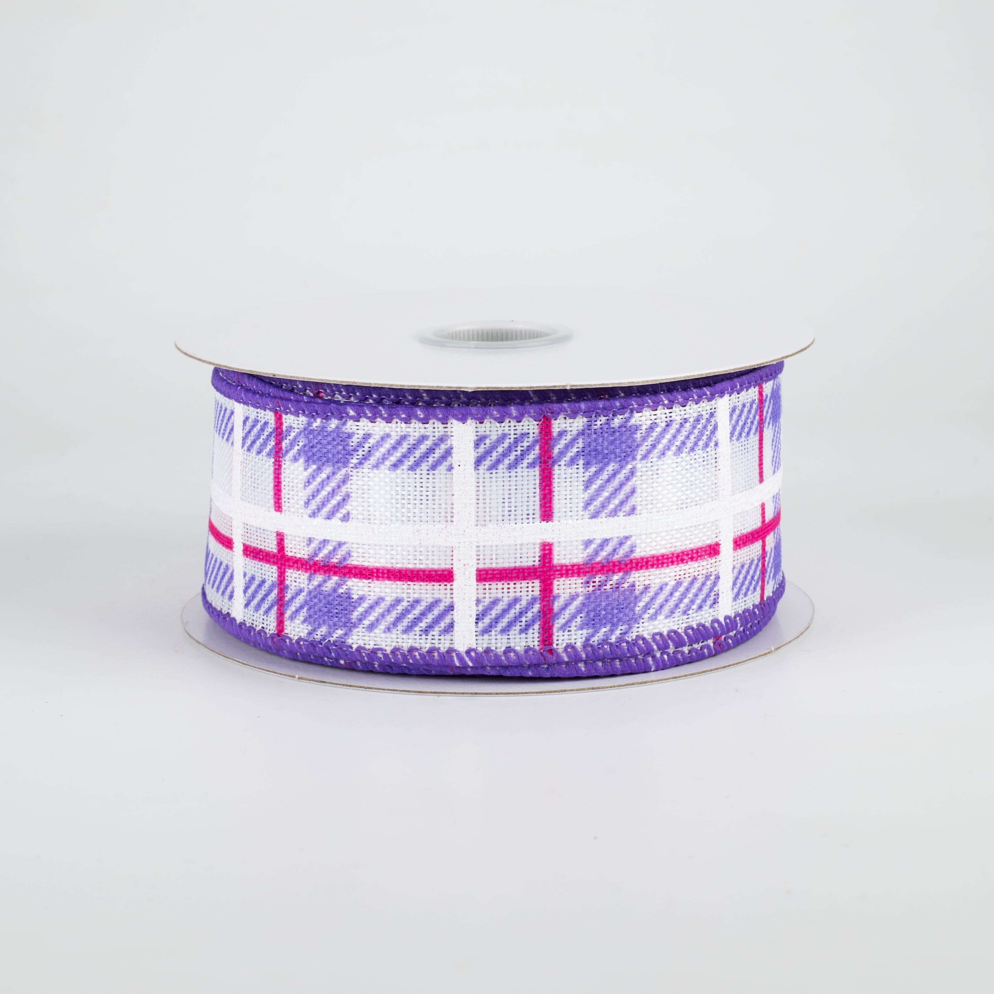 1.5" Iridescent Print Plaid Ribbon: Purple, Fuchsia, White (10 Yards)