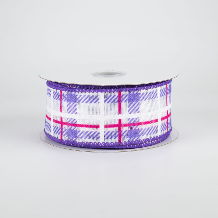 1.5" Iridescent Print Plaid Ribbon: Purple, Fuchsia, White (10 Yards)